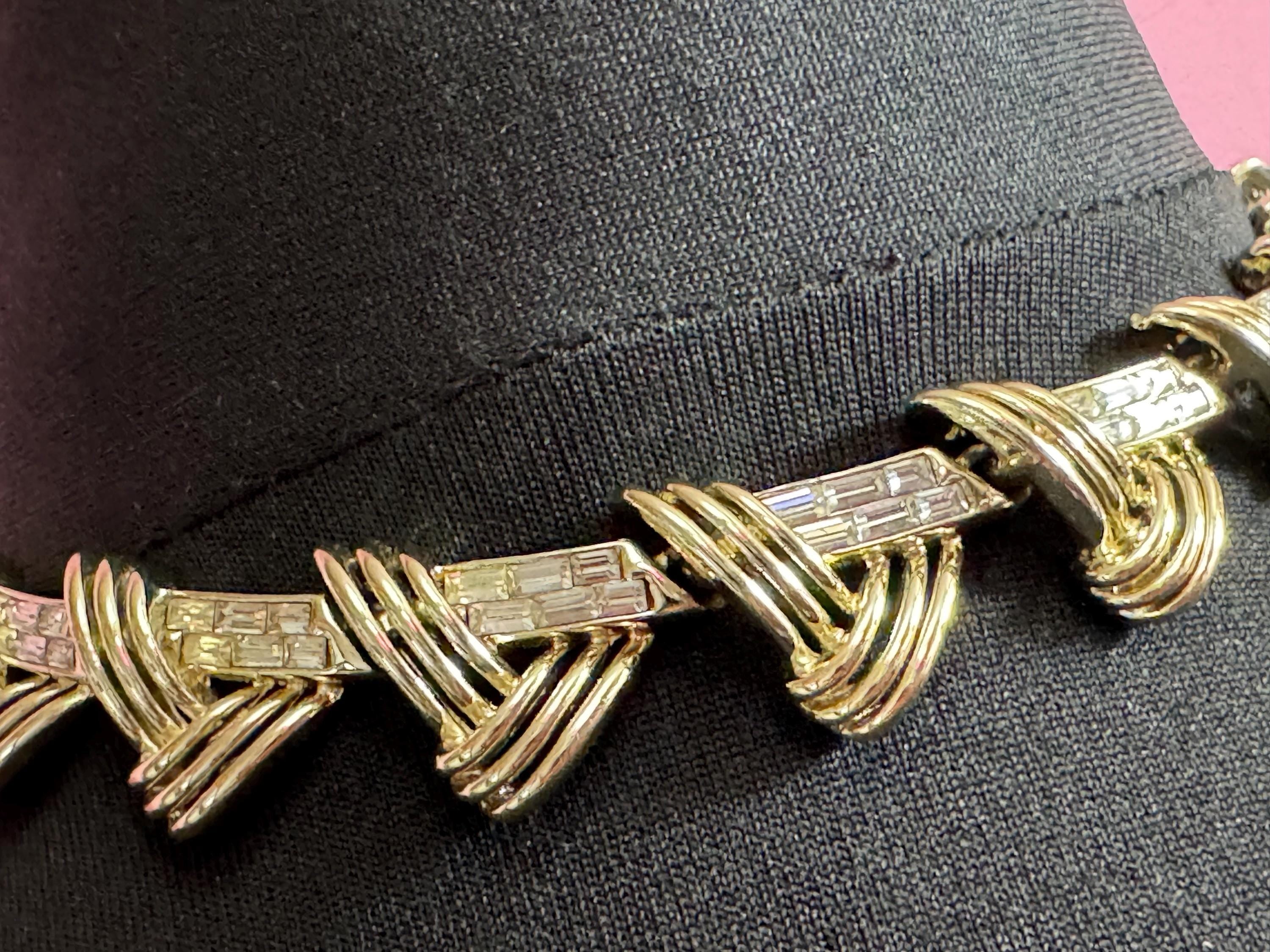 signed COROCRAFT gold tone baguette crystal rhinestone panel link choker collar necklace