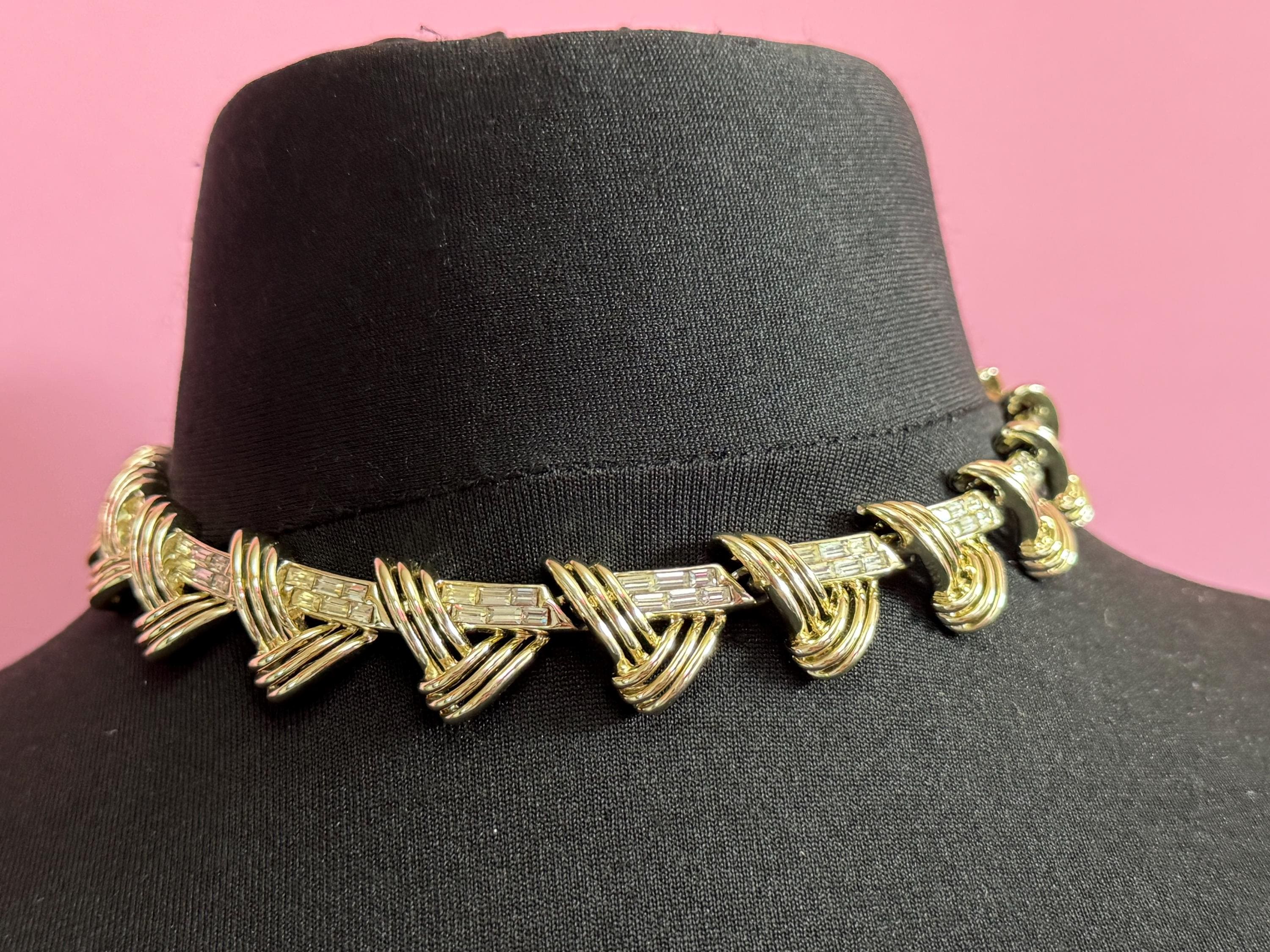 signed COROCRAFT gold tone baguette crystal rhinestone panel link choker collar necklace