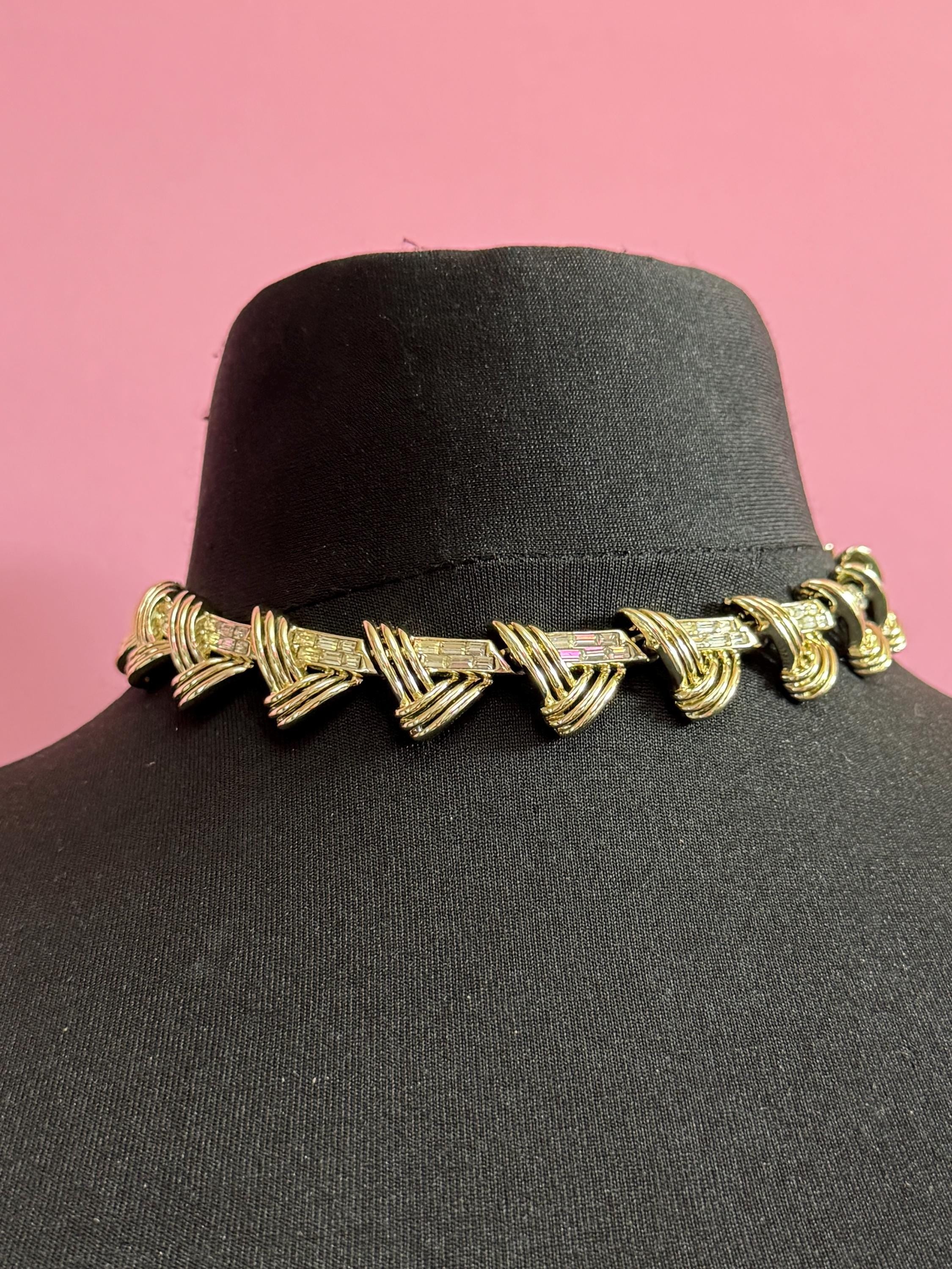 signed COROCRAFT gold tone baguette crystal rhinestone panel link choker collar necklace