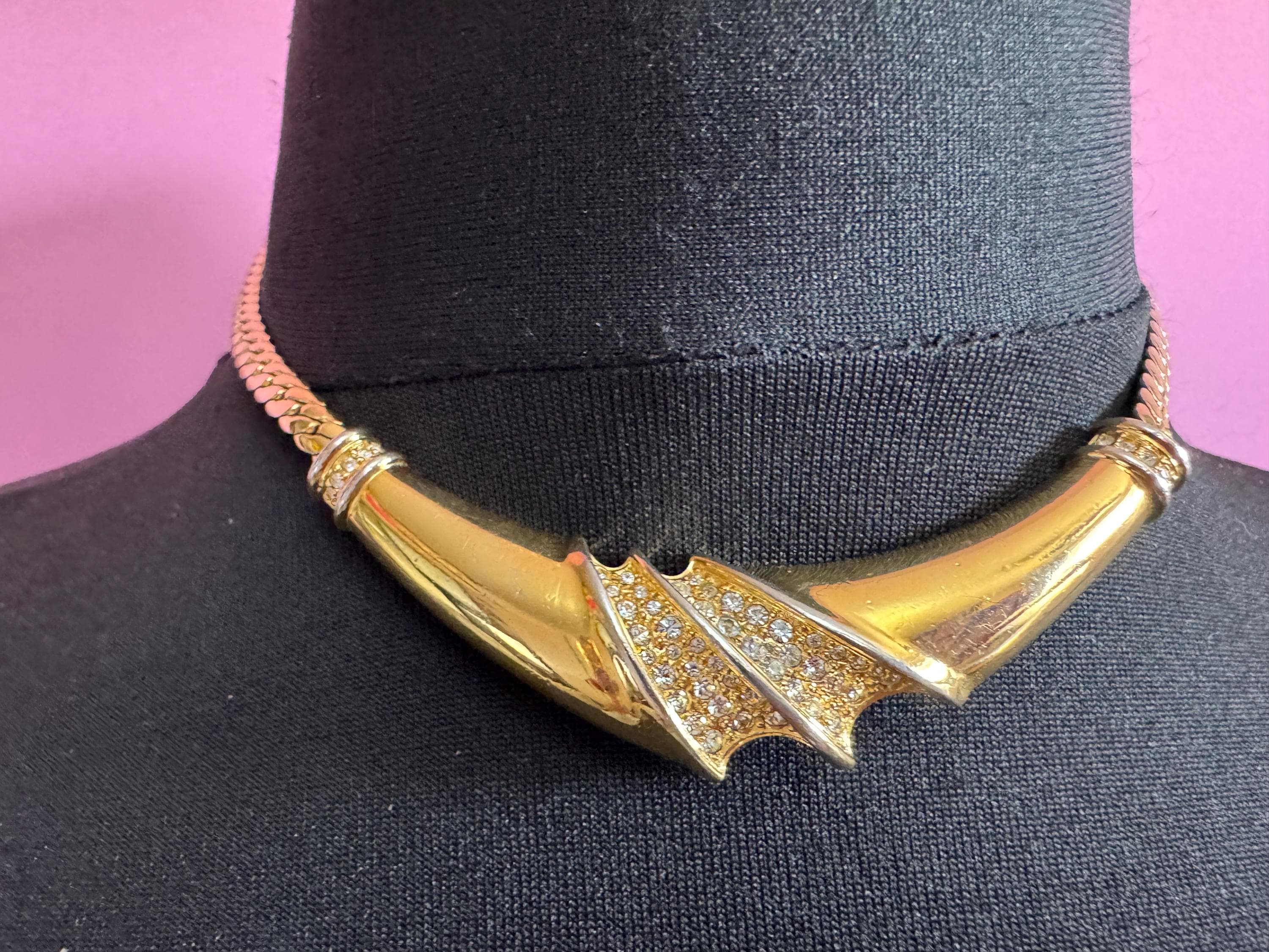 1980s Diamanté Choker Necklace: Vintage Crystal Panel, Gold Tone