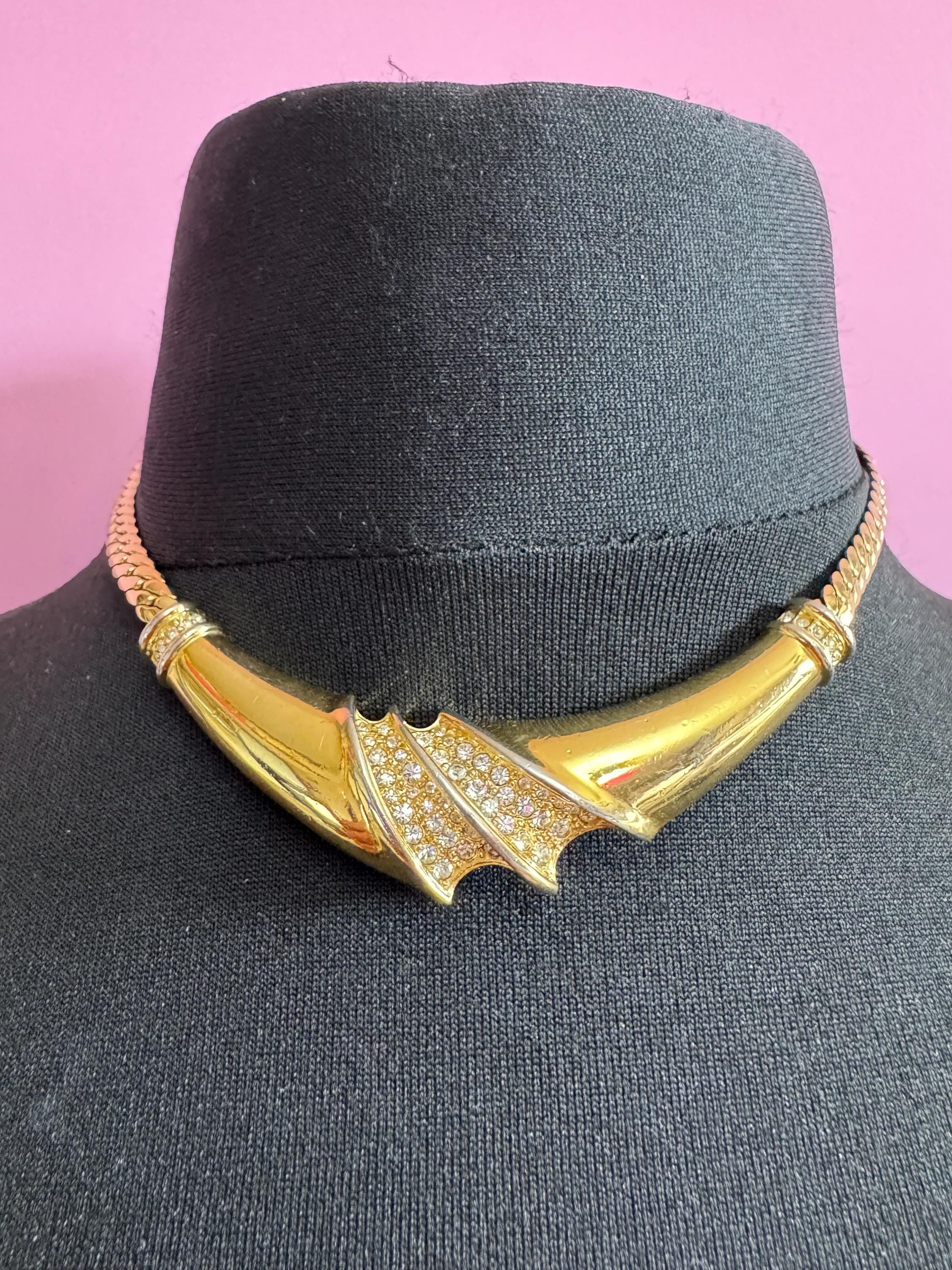 Vintage 1980s crystal set clear diamanté panel link choker necklace flat gold tone chain 42cm