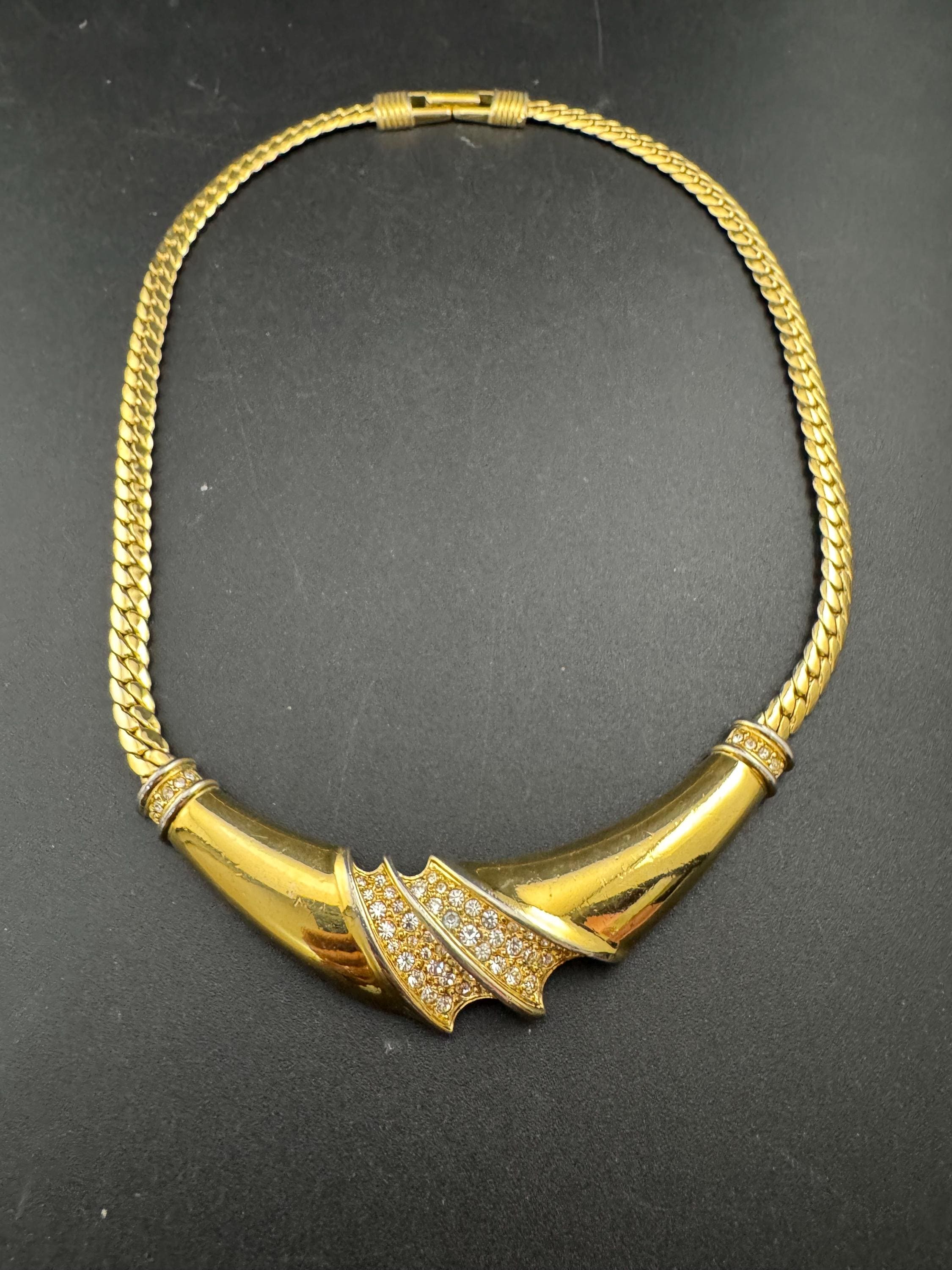 1980s Diamanté Choker Necklace: Vintage Crystal Panel, Gold Tone