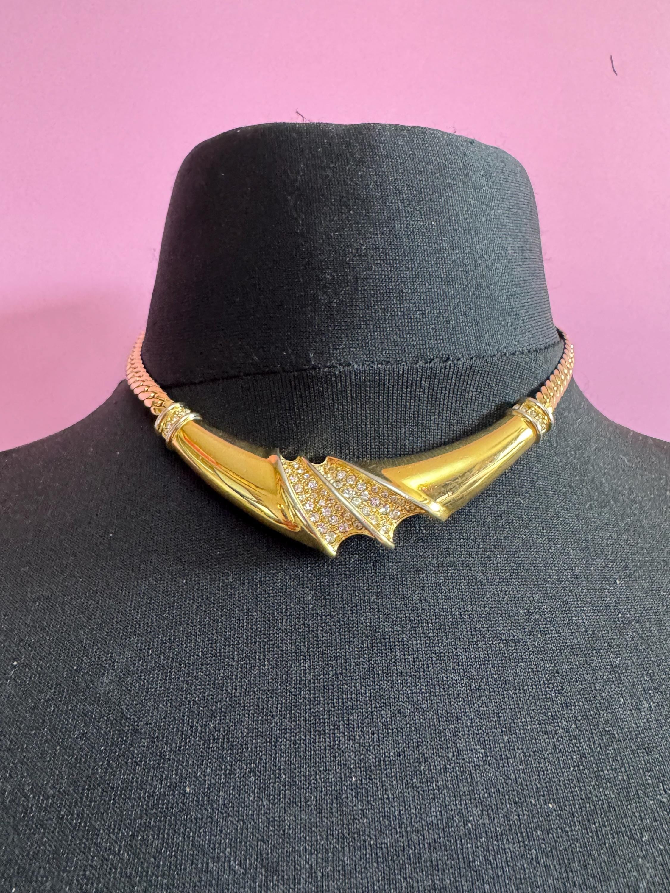 1980s Diamanté Choker Necklace: Vintage Crystal Panel, Gold Tone