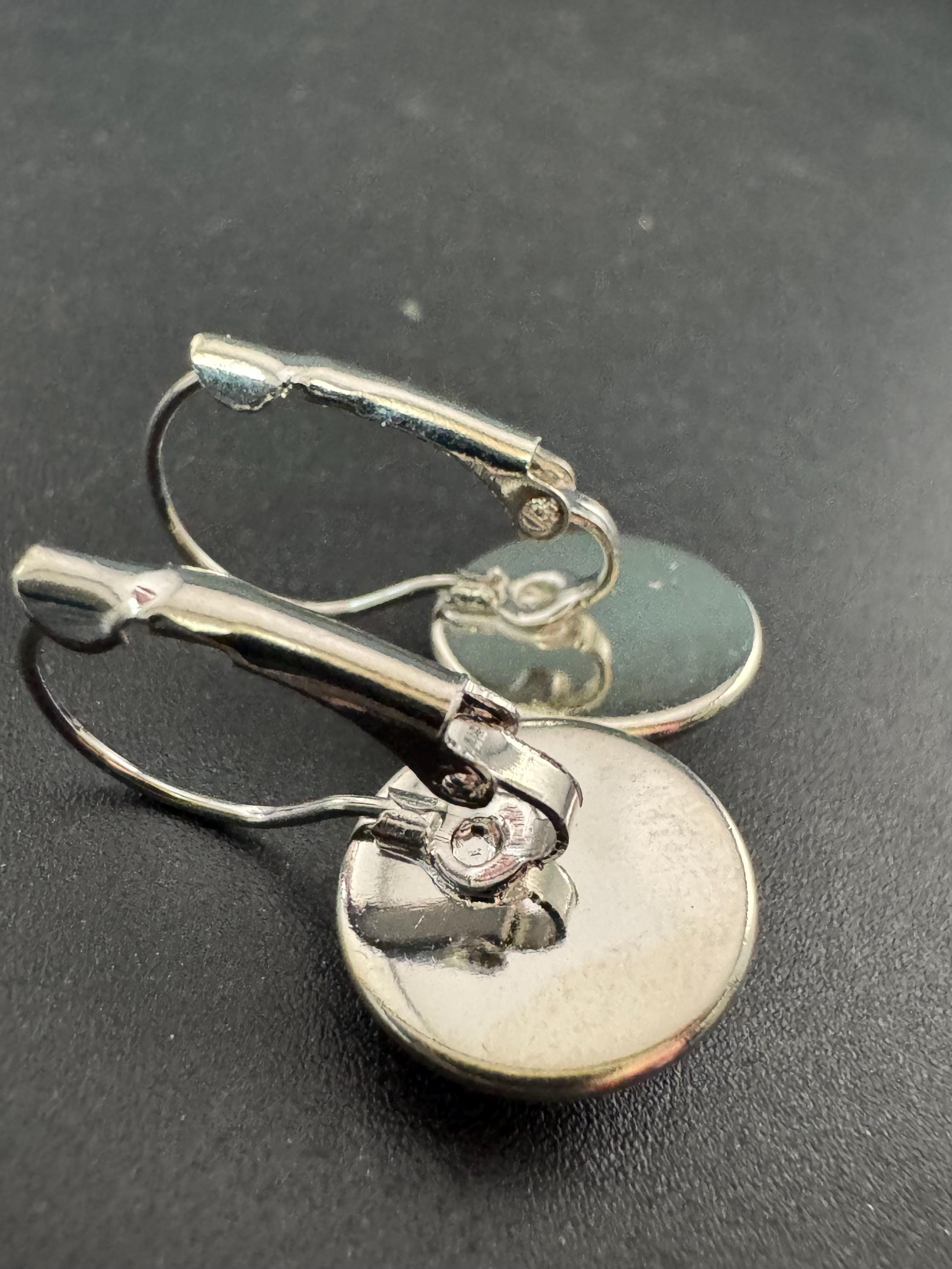 14mm Silver Brown animal Leopard print drop earrings, silver tone lever back glass cabochons.