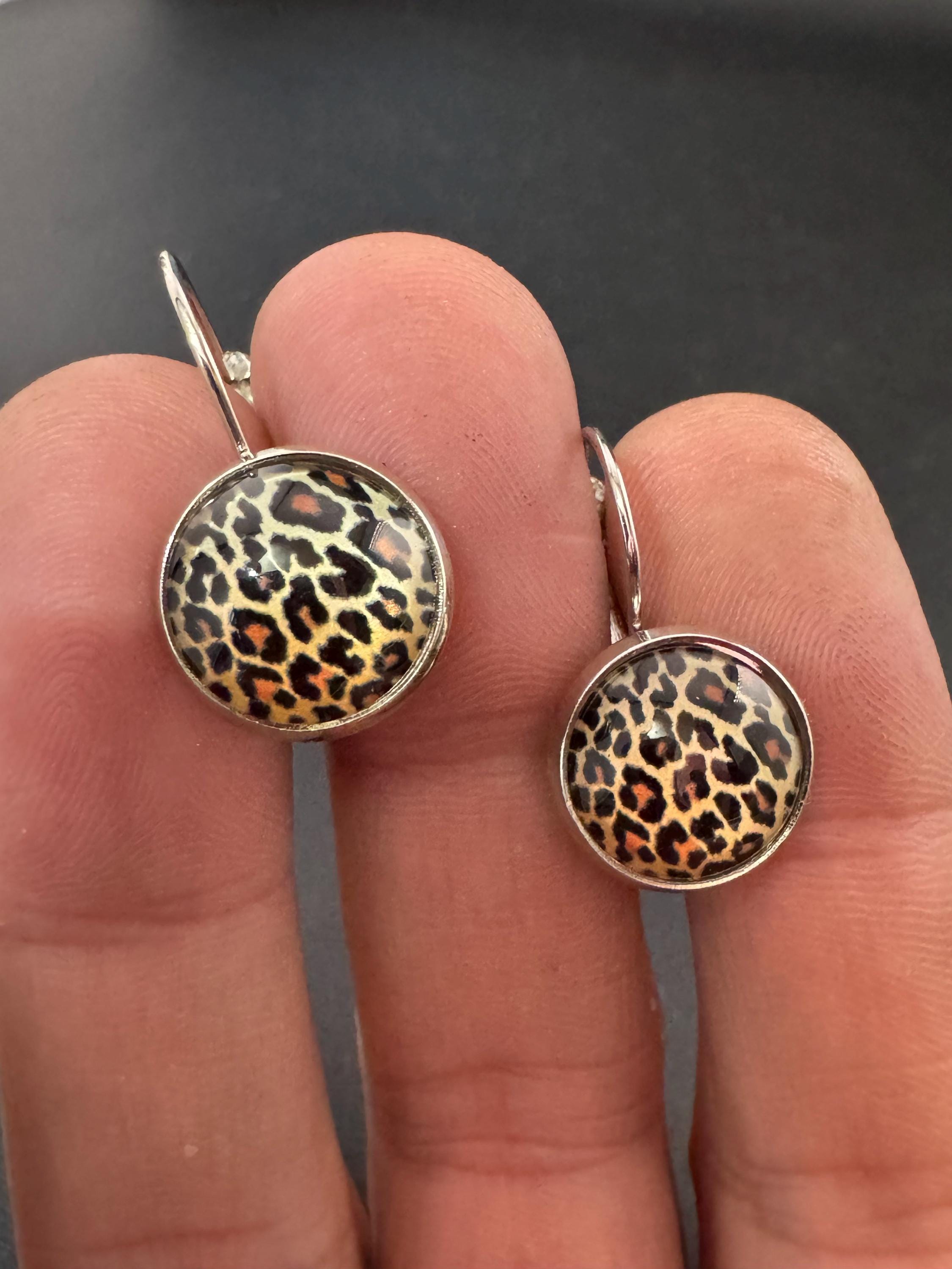14mm Silver Brown animal Leopard print drop earrings, silver tone lever back glass cabochons.