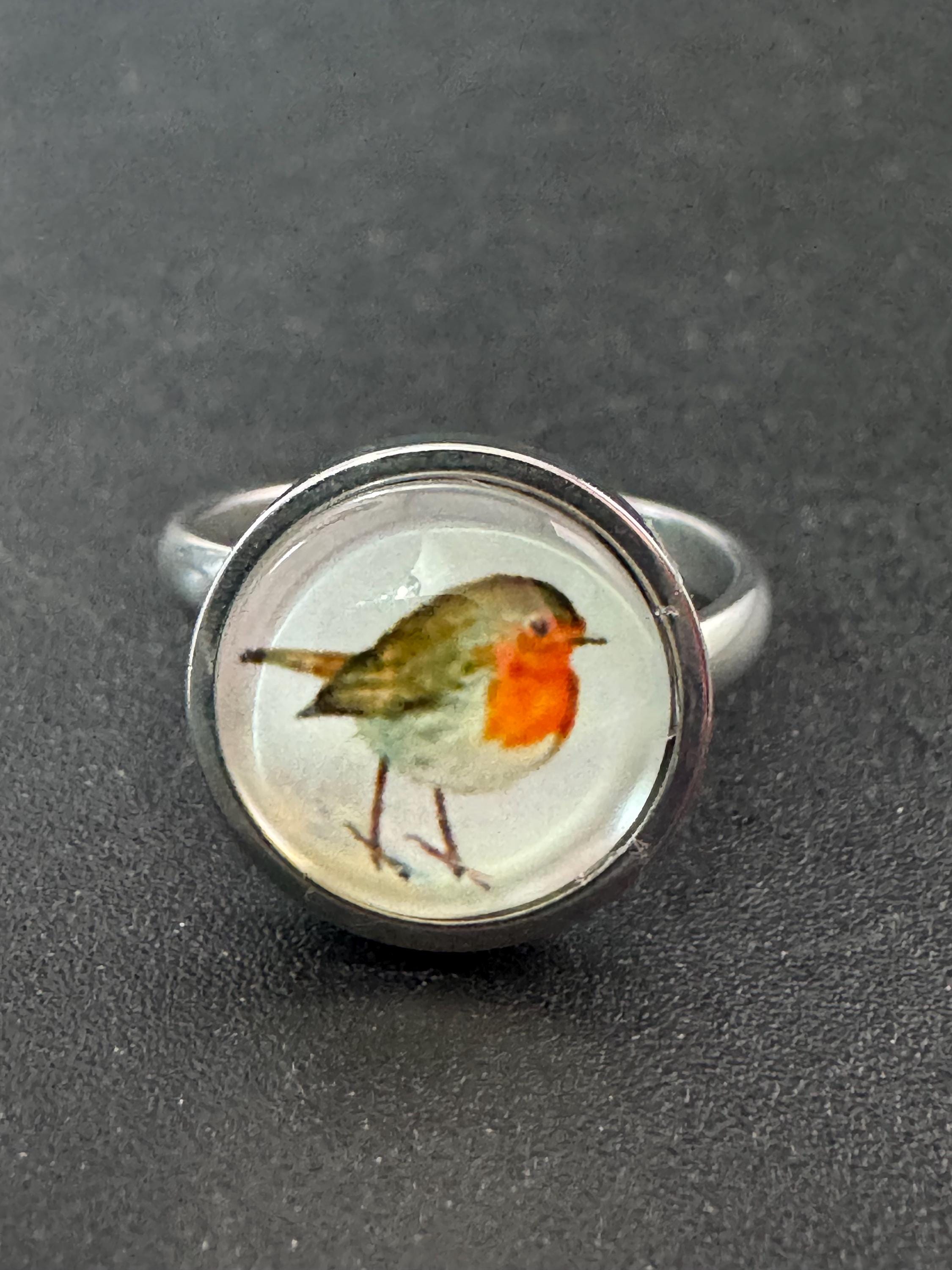 Handmade Garden bird Robin redbreast stainless steel adjustable ring 14mm glass cabochon