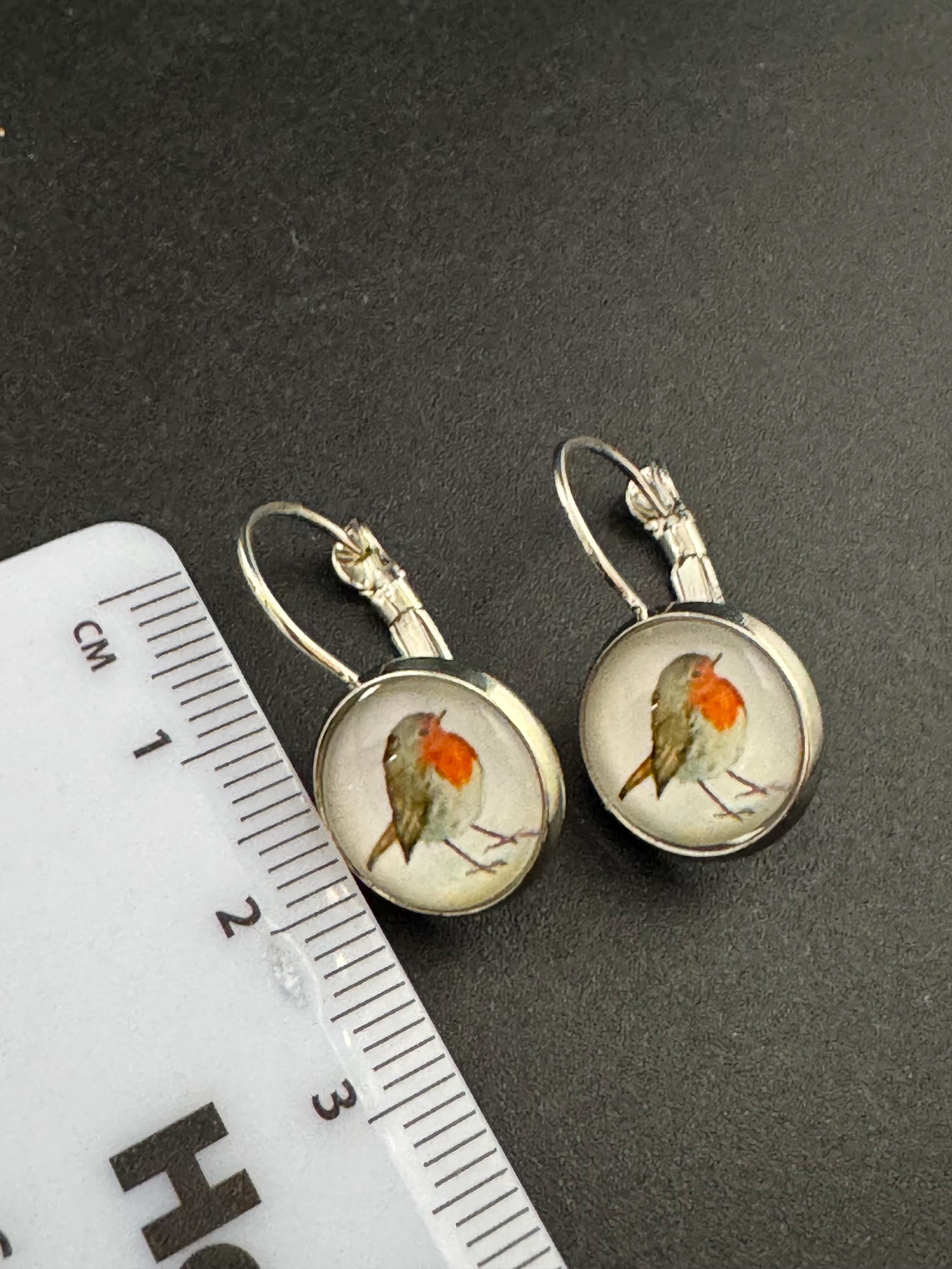 14mm Garden bird Robin redbreast dainty cabochon drop earrings,  silver plated lever back