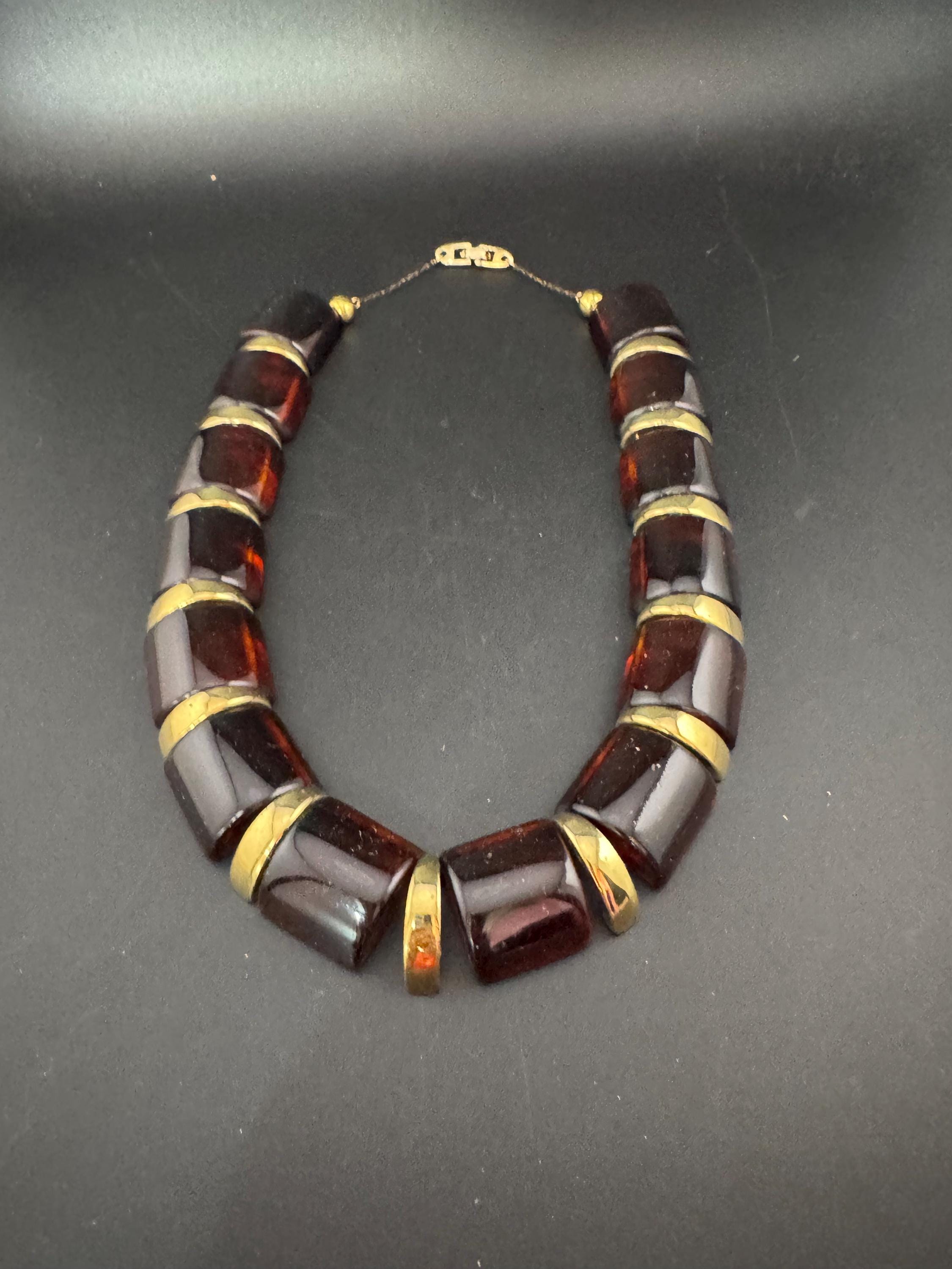 Signed 80s NAPIER Chunky Beaded Choker: Gold Tone, Amber Acrylic