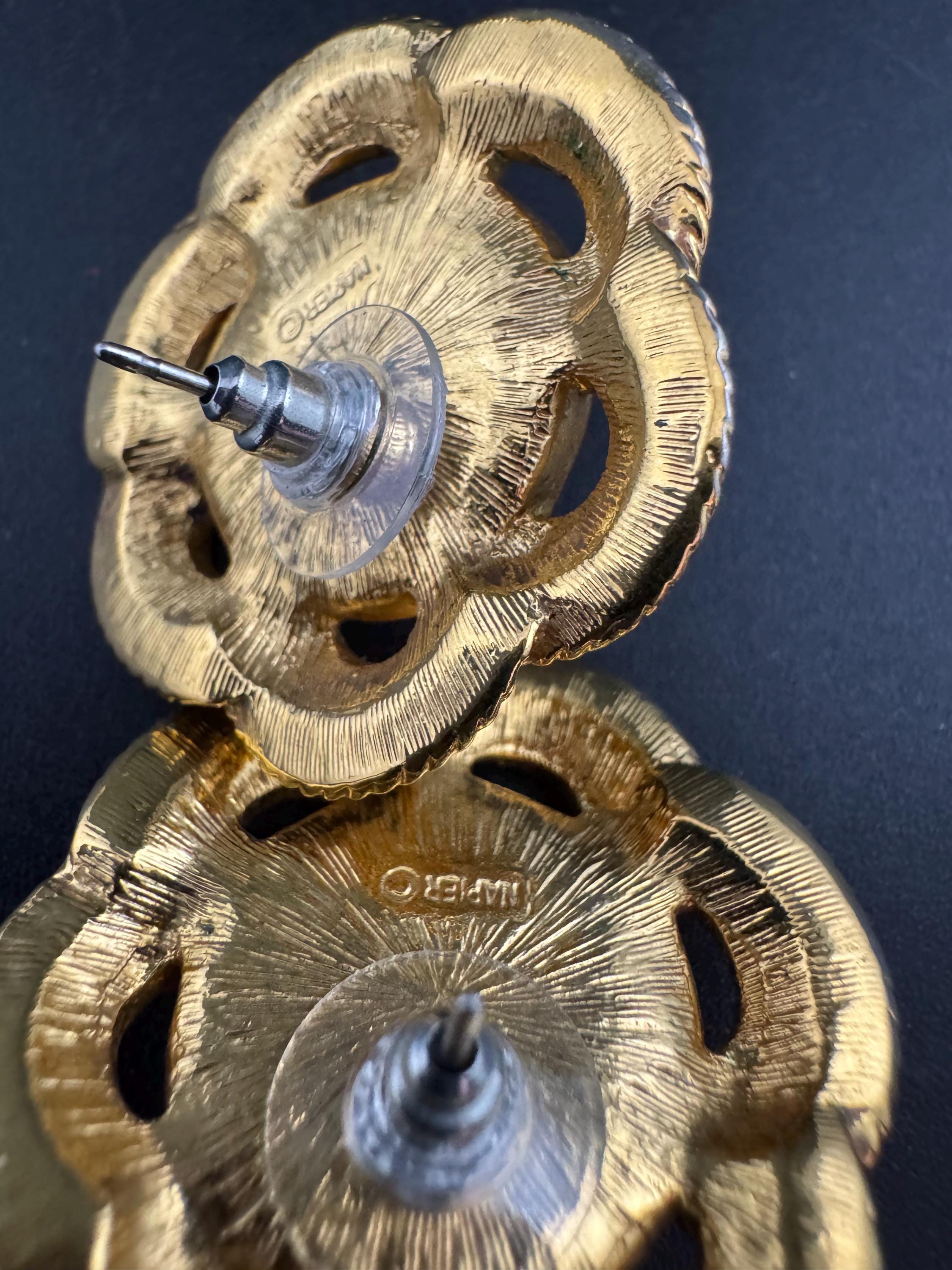 Signed Napier vintage 1980s Gold tone cream faux pearl pair large stud  earrings pierced