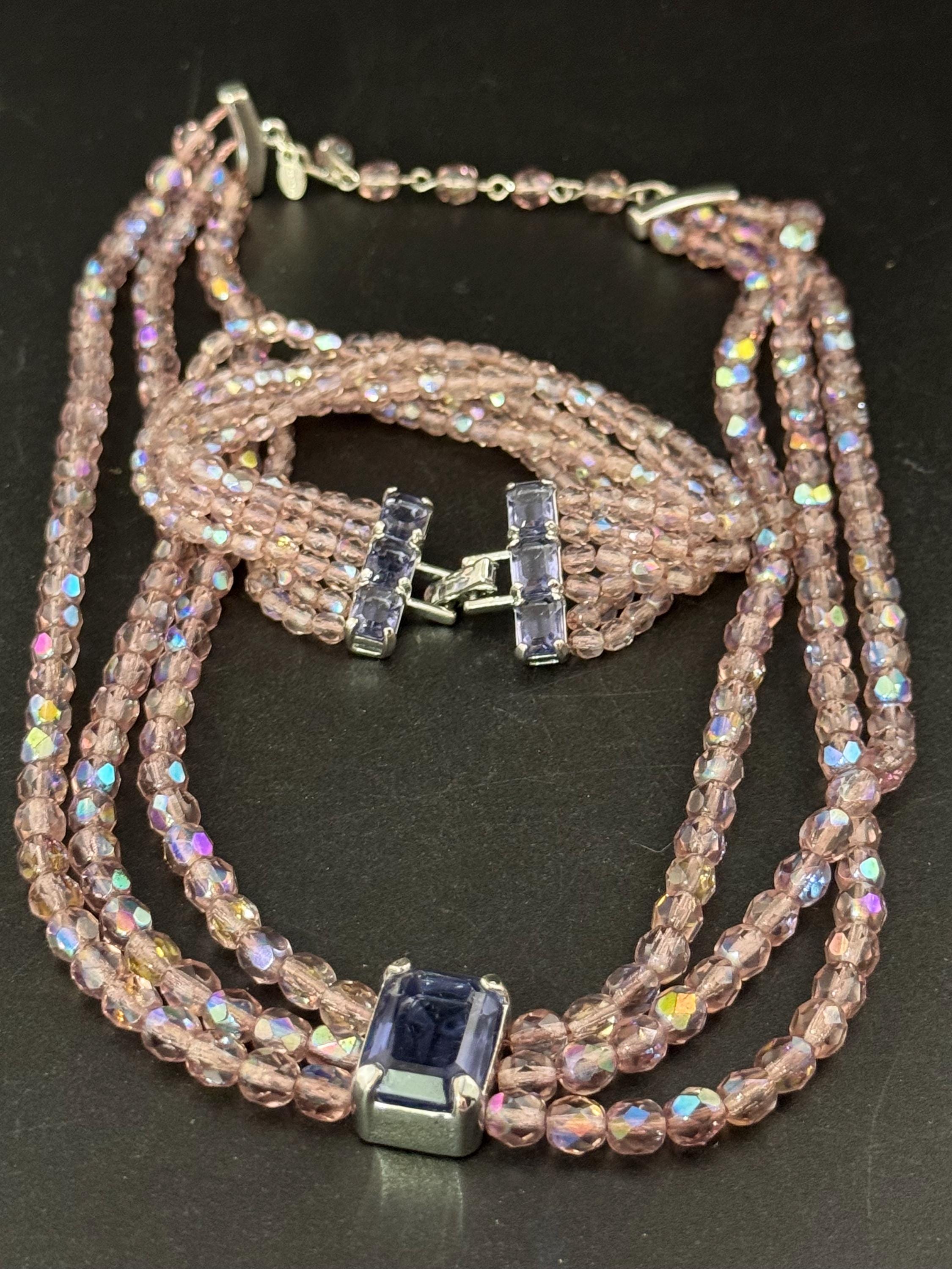 Signed Monet Pink Crystal Necklace Bracelet Set: Aurora Borealis Zircon