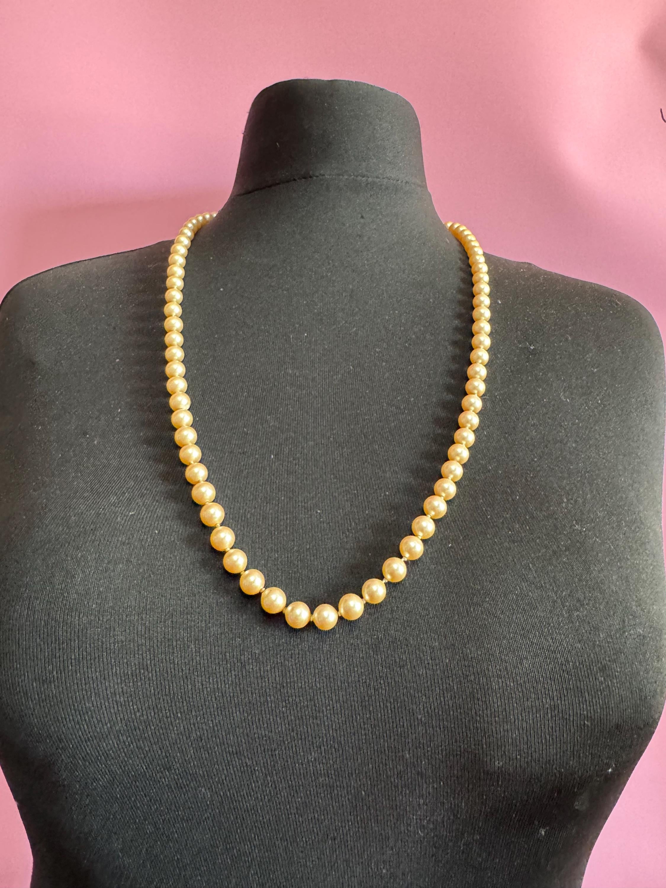 Signed MONET Knotted Glass Pearl Necklace - 75cm Gold Clasp
