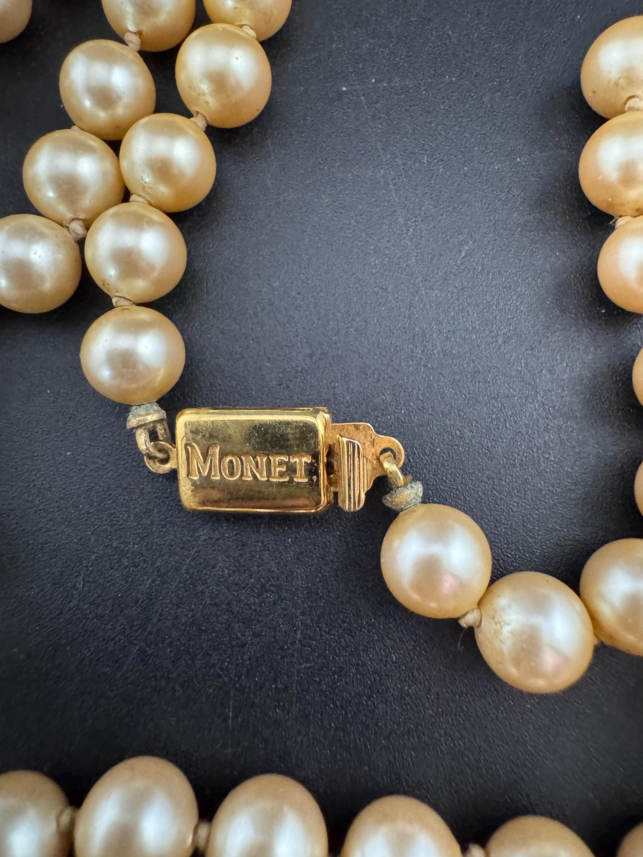 Signed MONET Knotted Glass Pearl Necklace - 75cm Gold Clasp