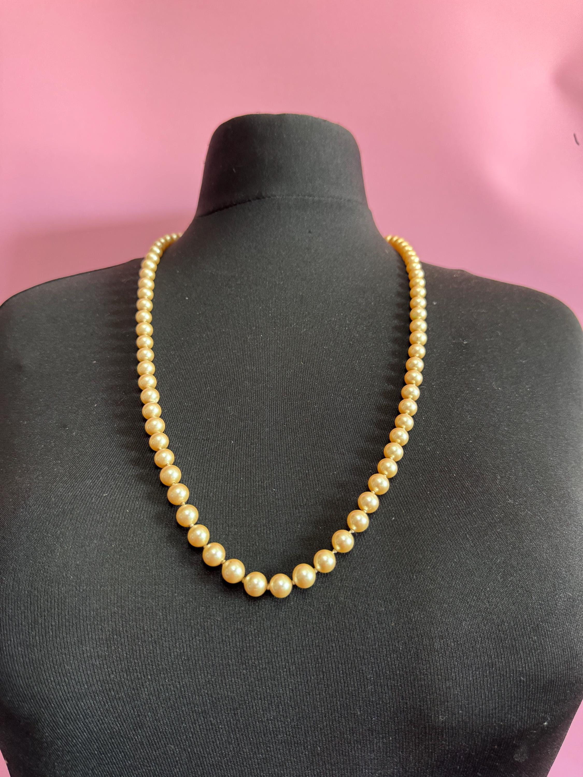 Signed MONET Knotted Glass Pearl Necklace - 75cm Gold Clasp