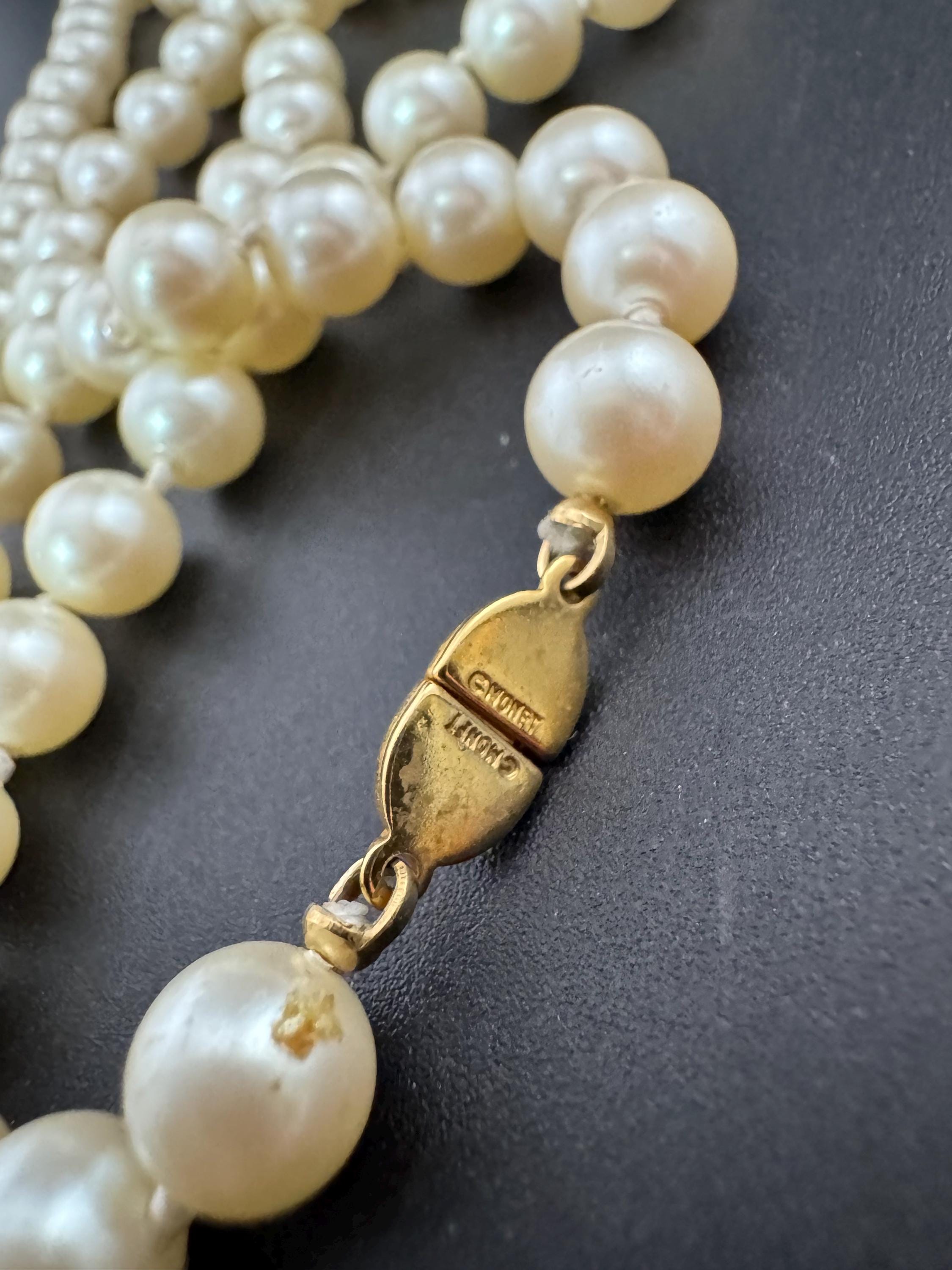Signed MONET Oyster Cream Glass Pearl Necklace: Knotted Single Strand