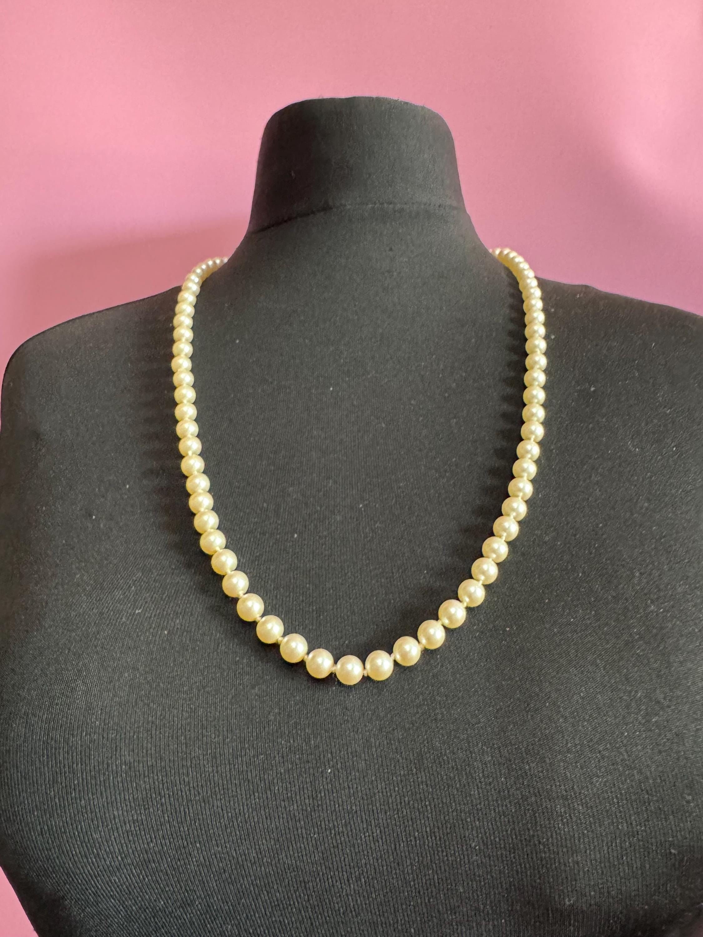 Signed MONET Oyster Cream Glass Pearl Necklace: Knotted Single Strand