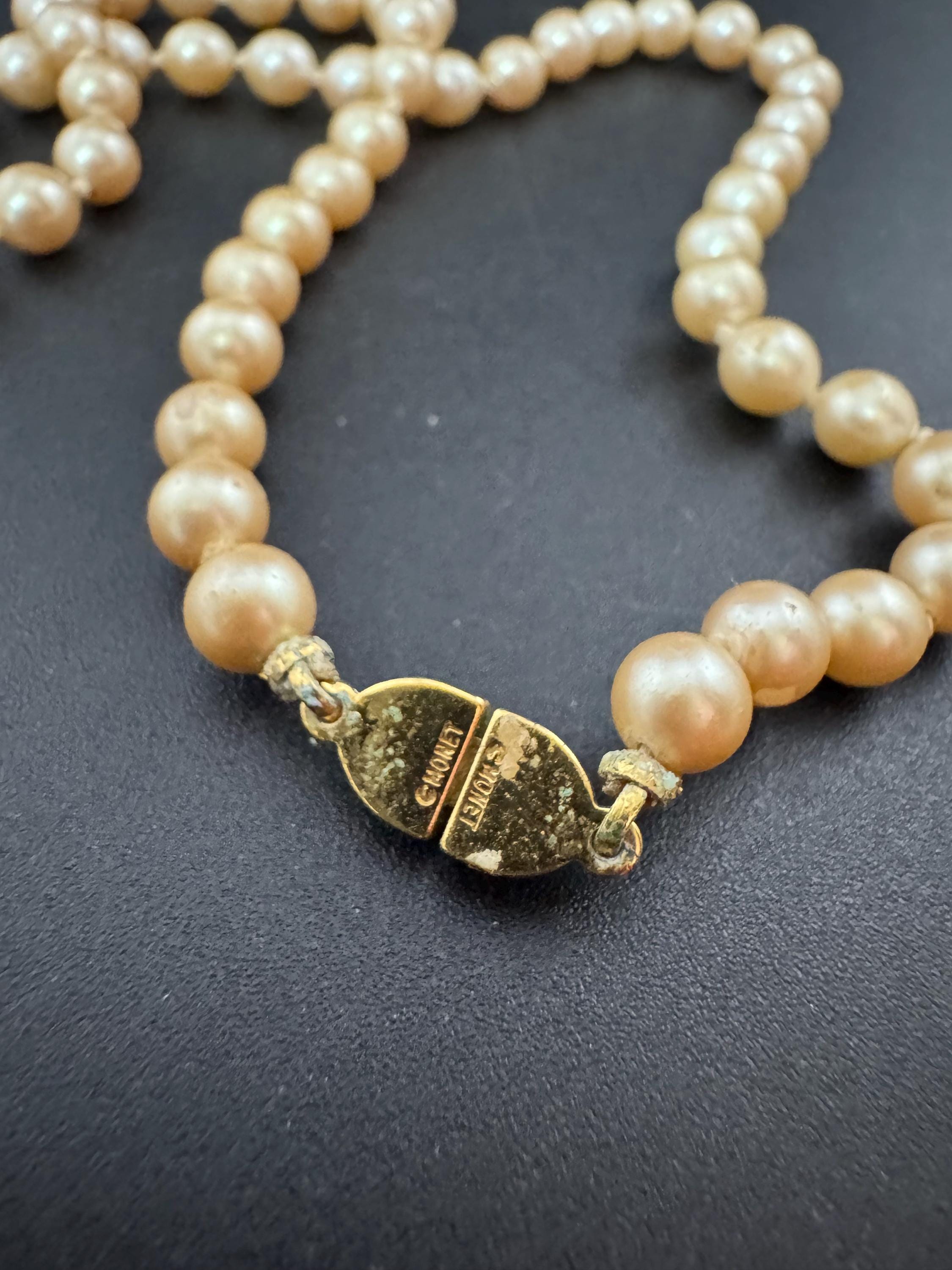 Vintage signed MONET Oyster Cream Pearl Necklace: Knotted Glass, Gold Clasp
