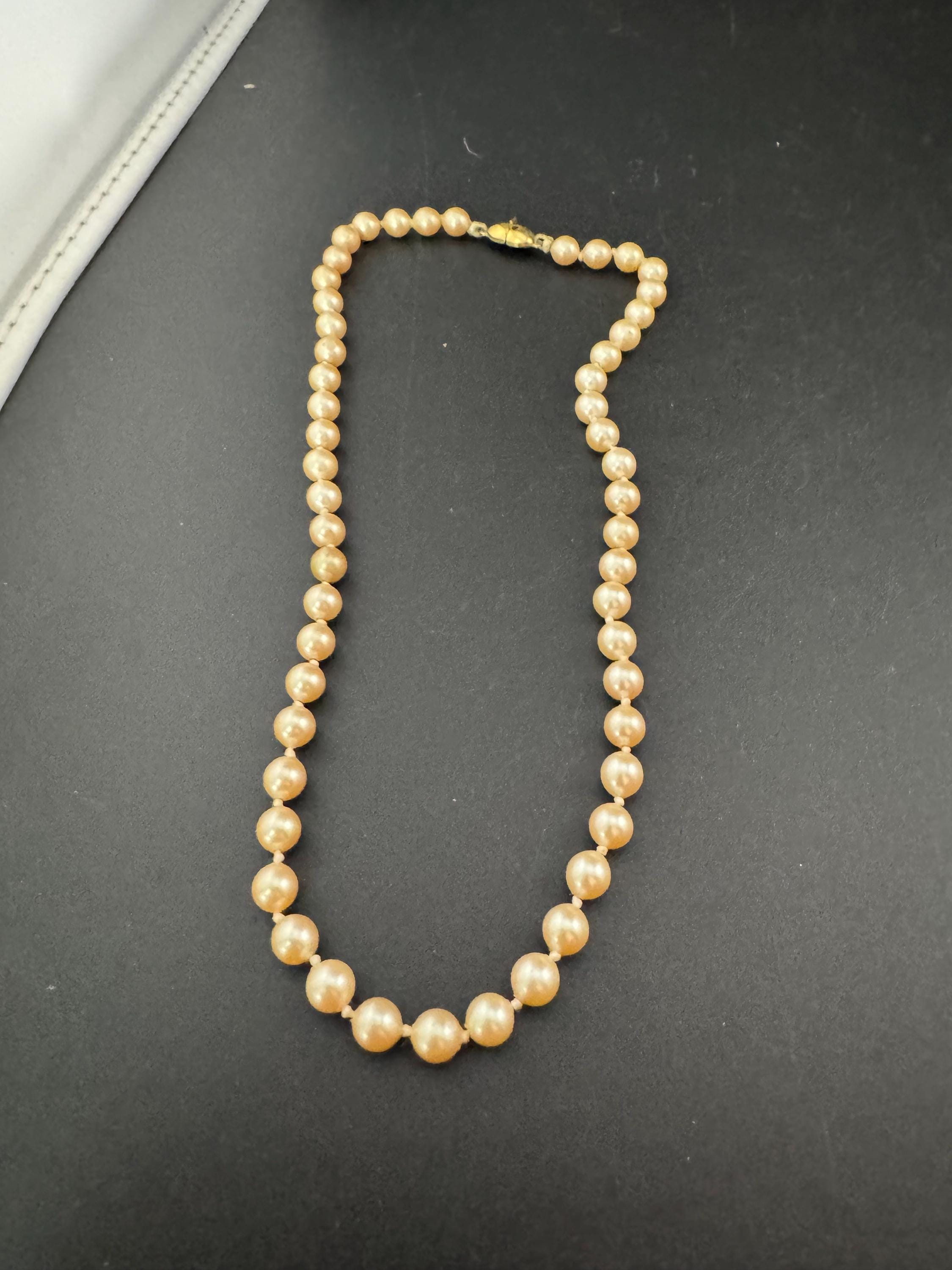 Vintage signed MONET Oyster Cream Pearl Necklace: Knotted Glass, Gold Clasp
