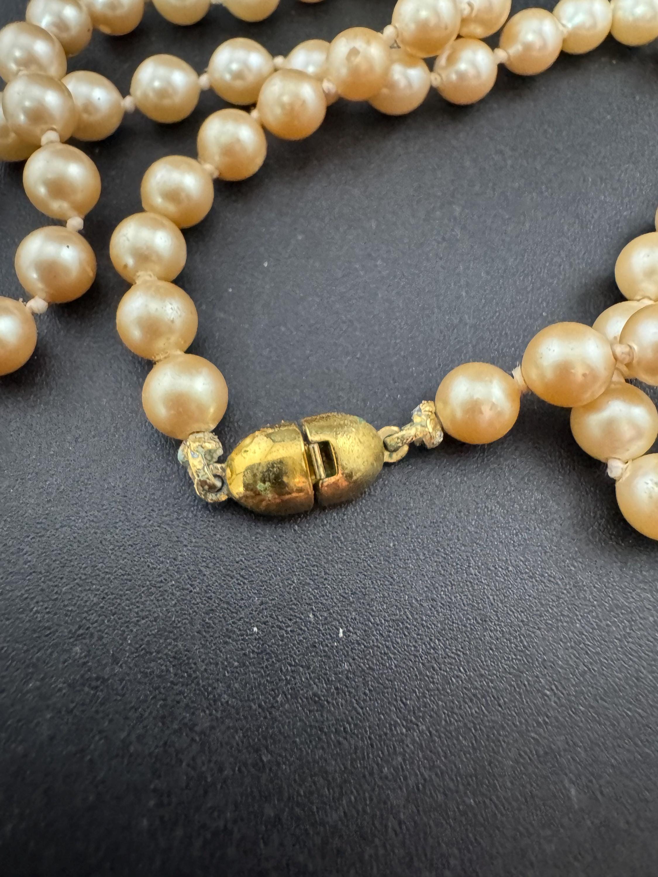 Vintage signed MONET Oyster Cream Pearl Necklace: Knotted Glass, Gold Clasp