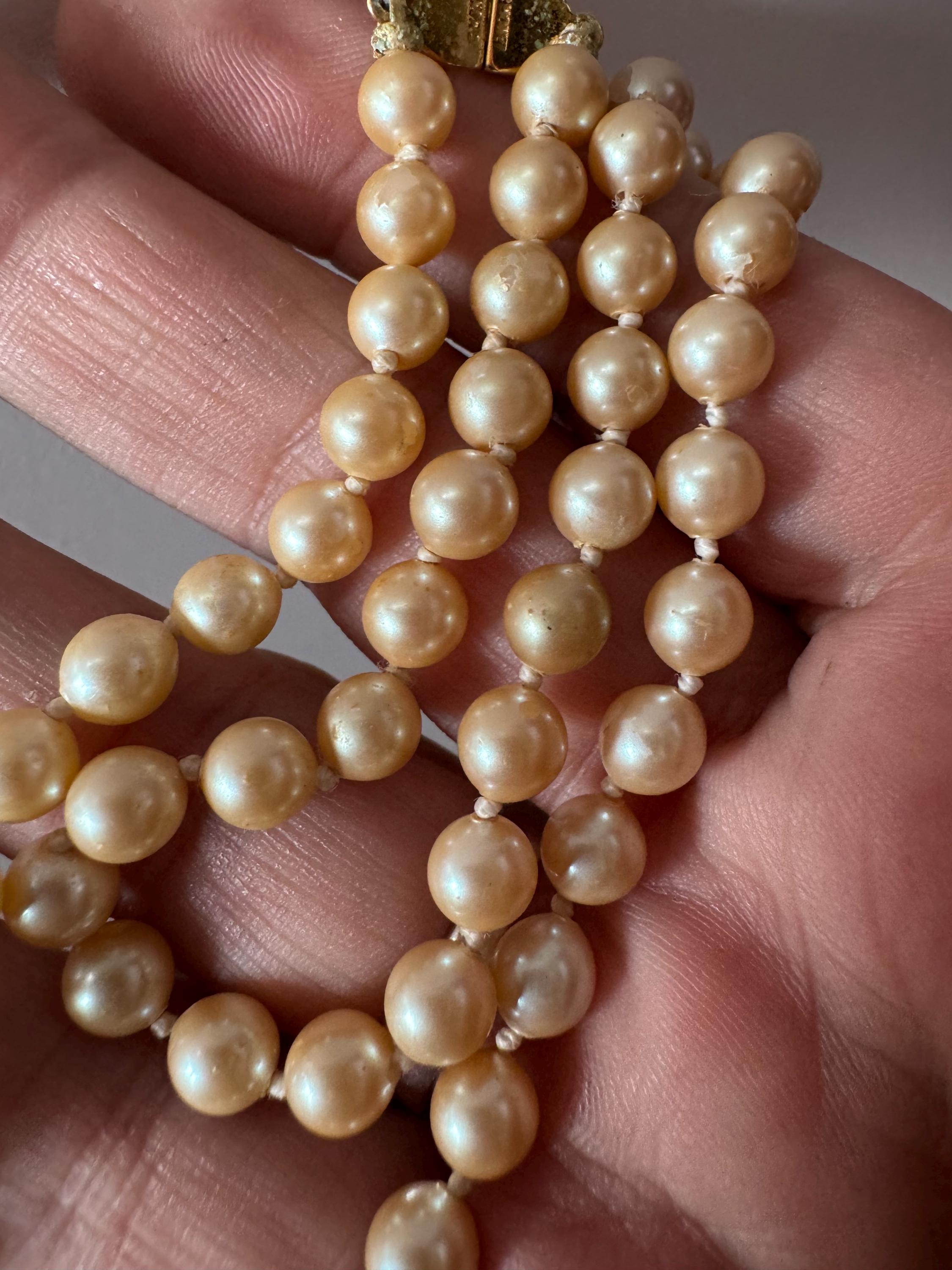 Vintage signed MONET Oyster Cream Pearl Necklace: Knotted Glass, Gold Clasp