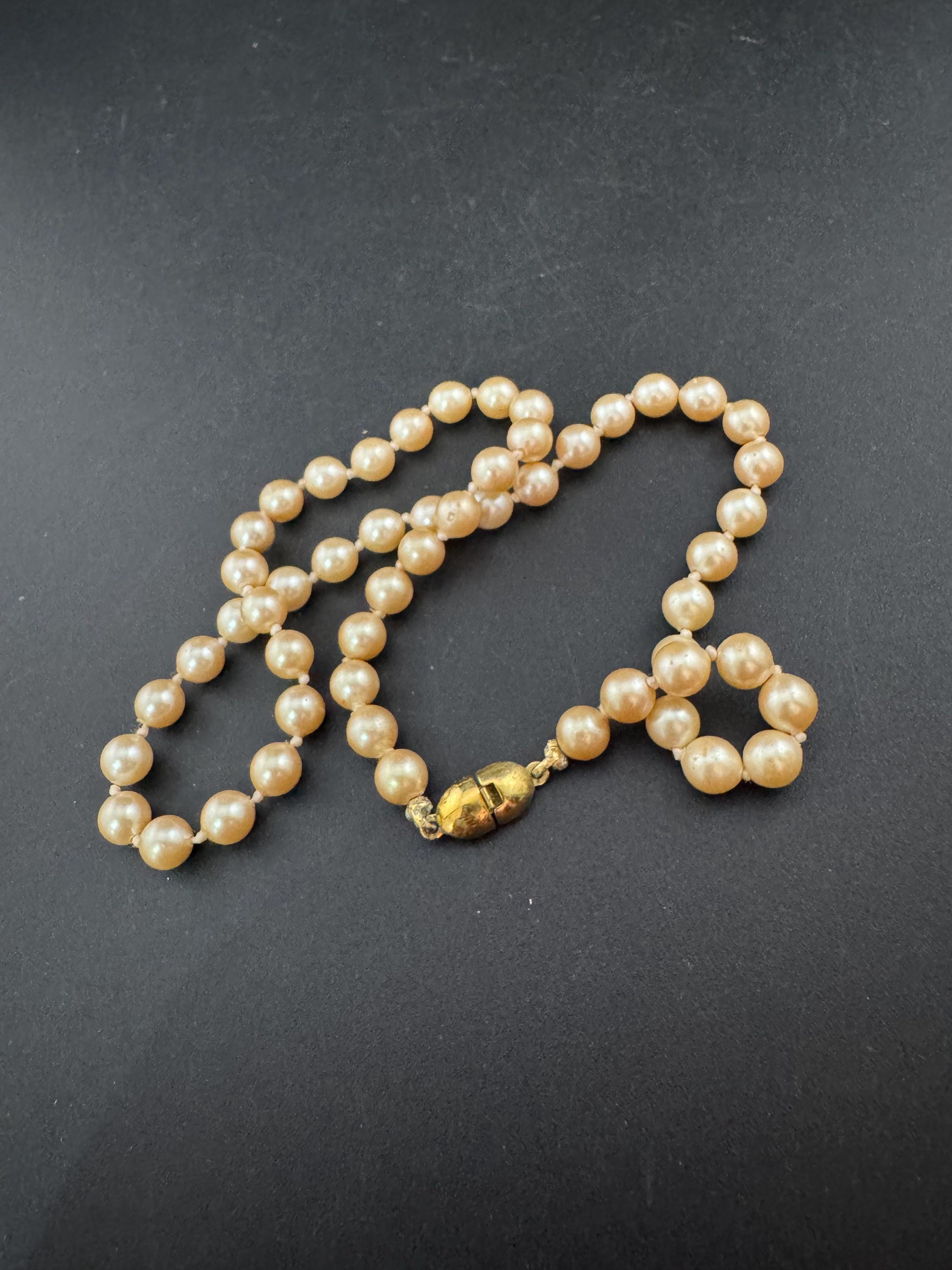 Vintage signed MONET Oyster Cream Pearl Necklace: Knotted Glass, Gold Clasp