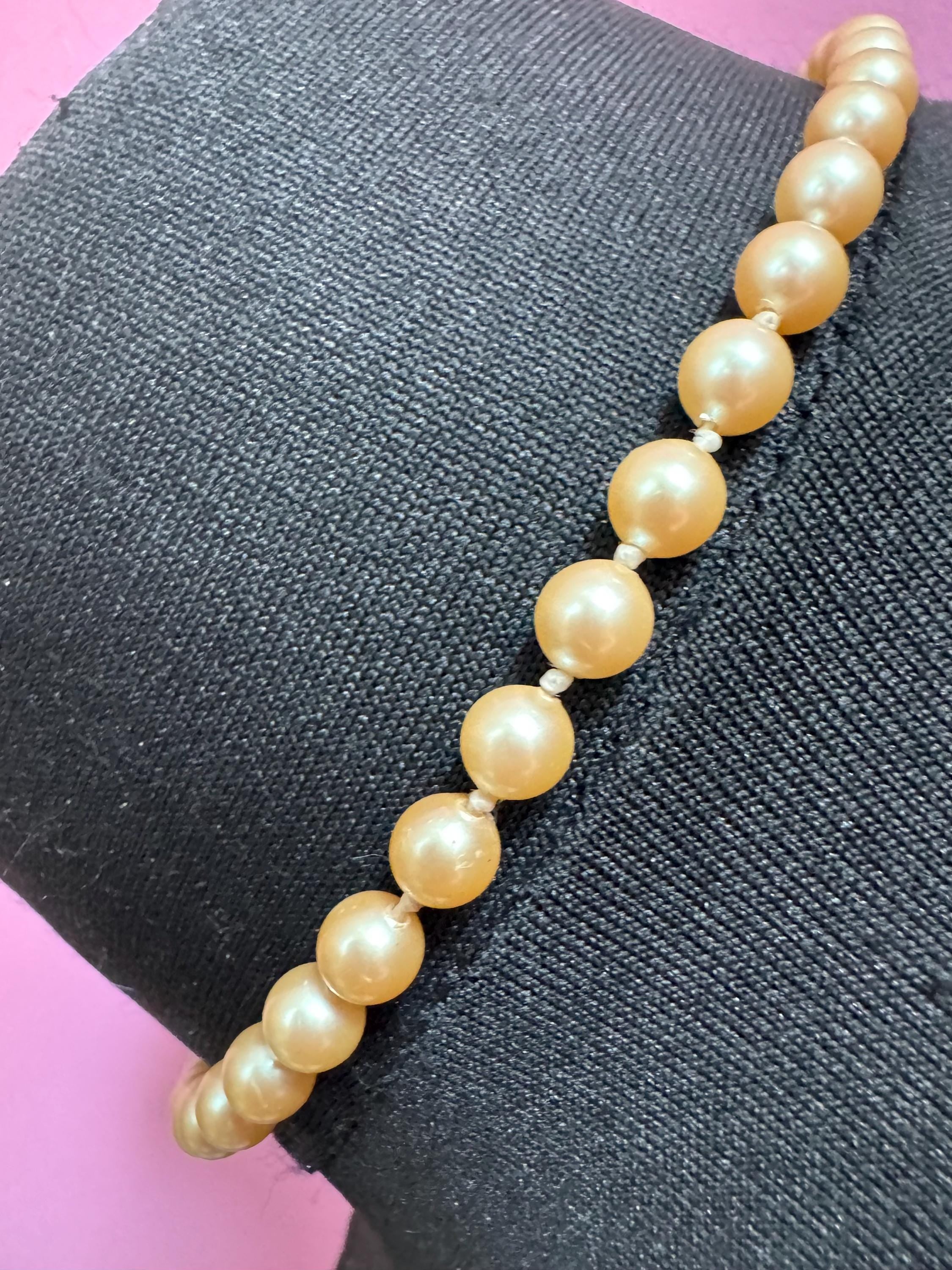 Vintage signed MONET Oyster Cream Pearl Necklace: Knotted Glass, Gold Clasp