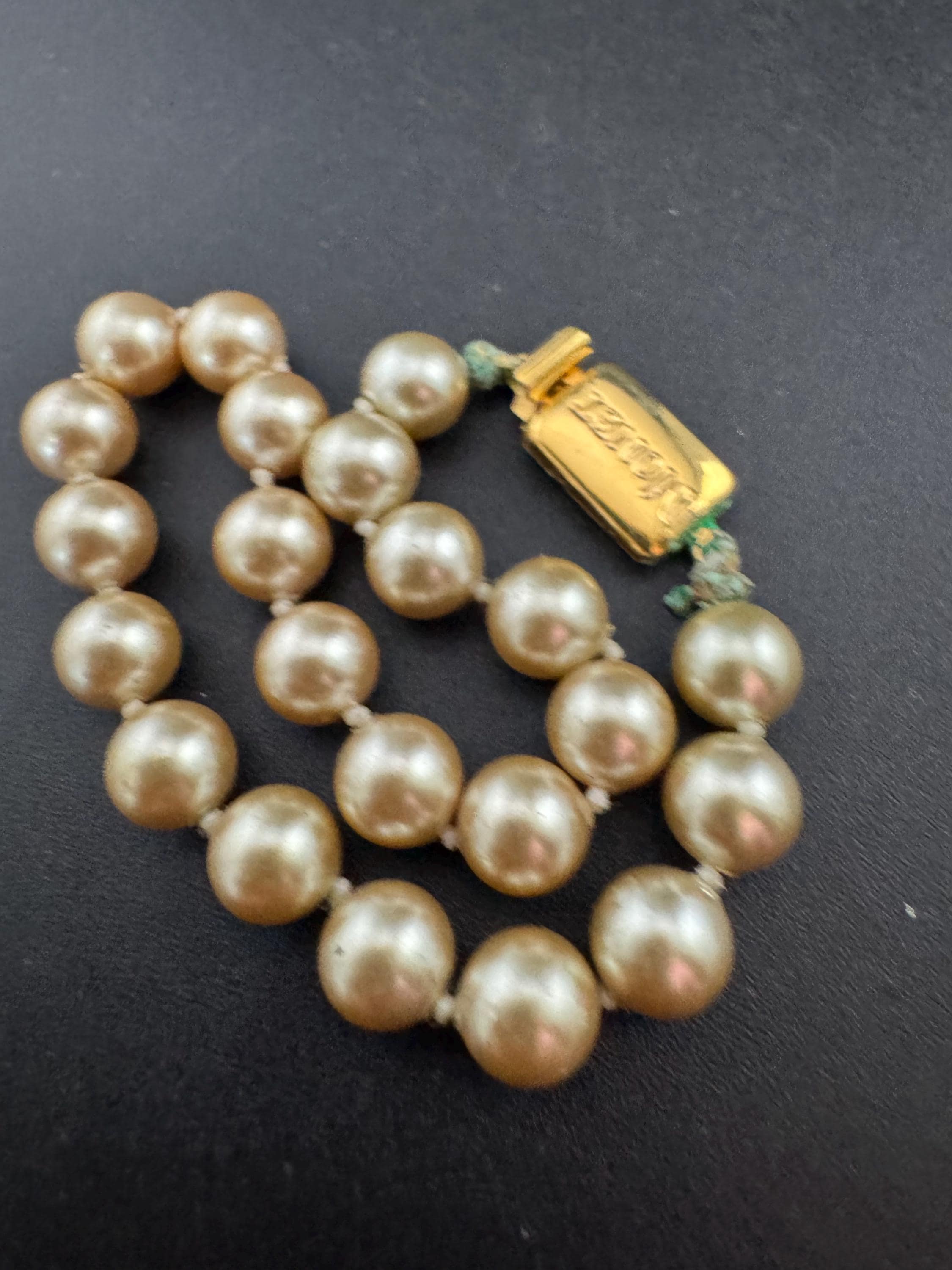 Vintage Signed Monet Faux Pearl Bracelet: Knotted Gold Tone, 21cm