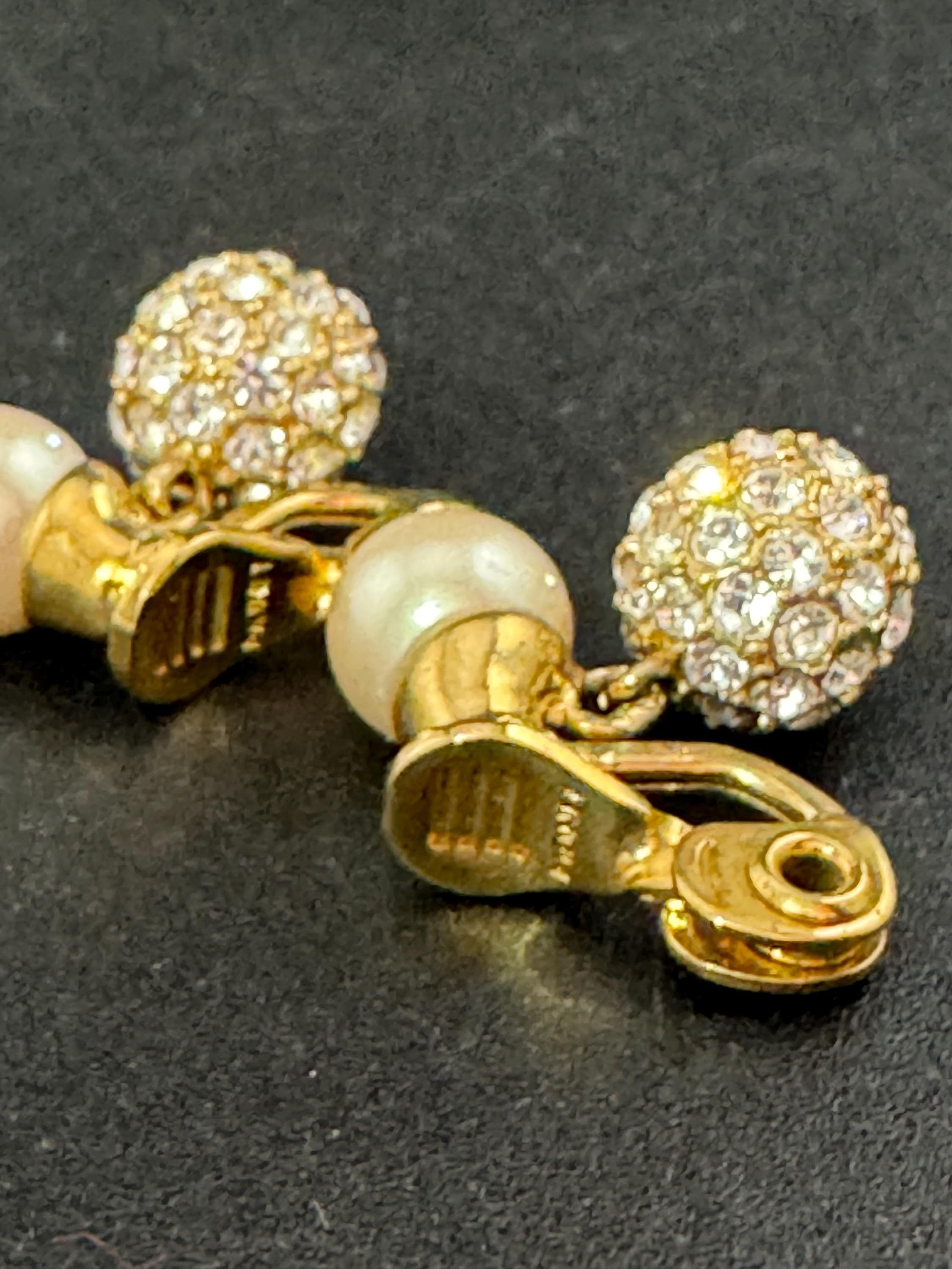 Vintage Monet Gold Plated Faux Pearl Diamanté Clip On Earrings signed