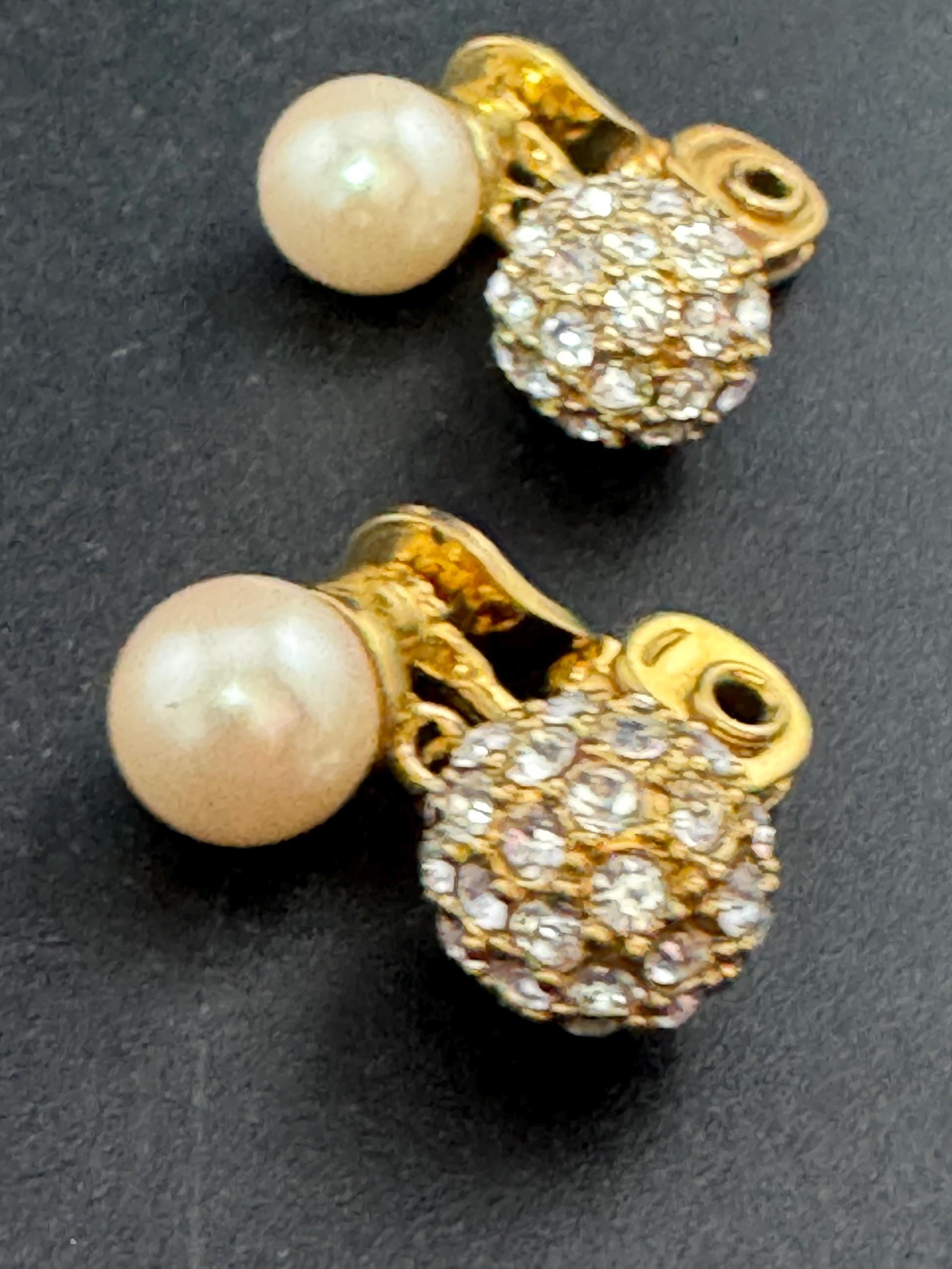 Vintage Monet Gold Plated Faux Pearl Diamanté Clip On Earrings signed