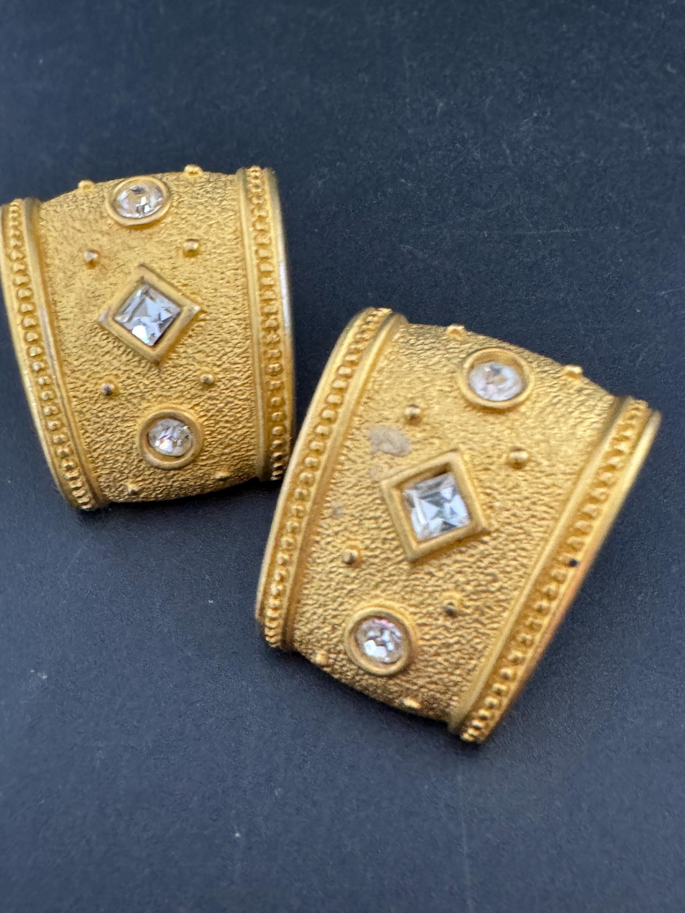 Signed Monet Clip On Earrings: Gold Tone Diamanté Etruscan Style