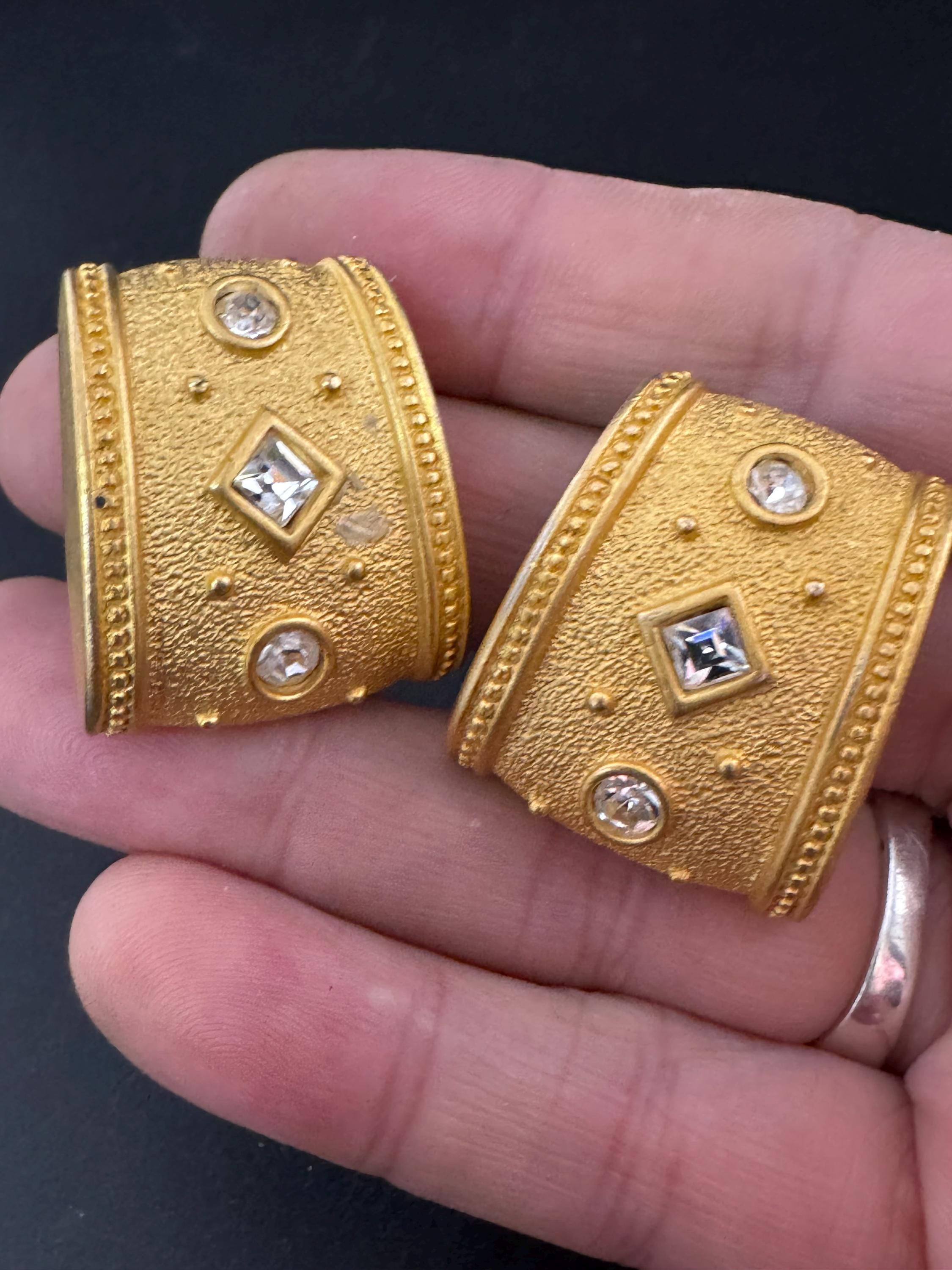 Signed Monet Clip On Earrings: Gold Tone Diamanté Etruscan Style