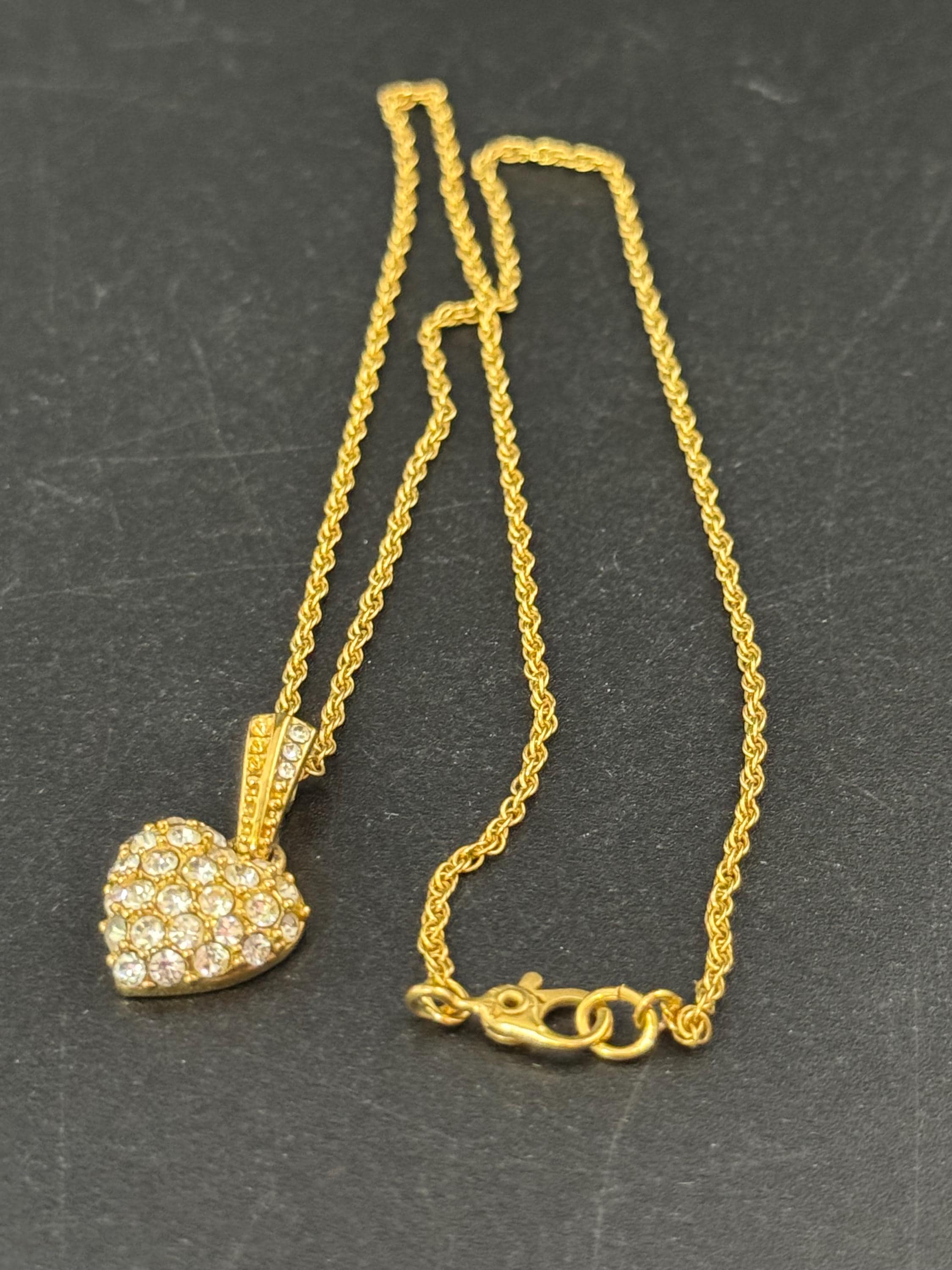 signed MONET dainty 48cm gold plated fine rope chain love heart pendant necklace set with clear crystals