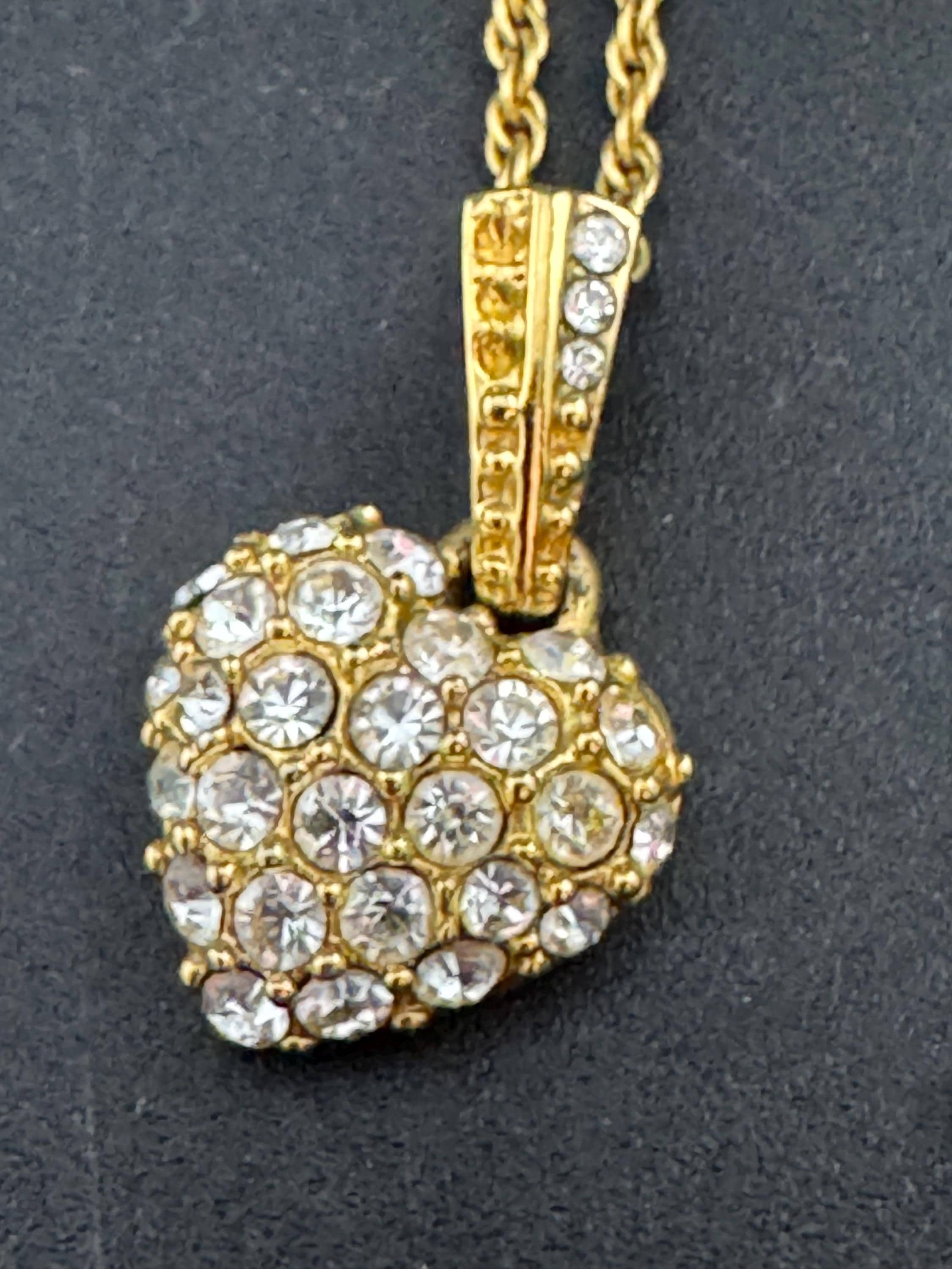signed MONET dainty 48cm gold plated fine rope chain love heart pendant necklace set with clear crystals
