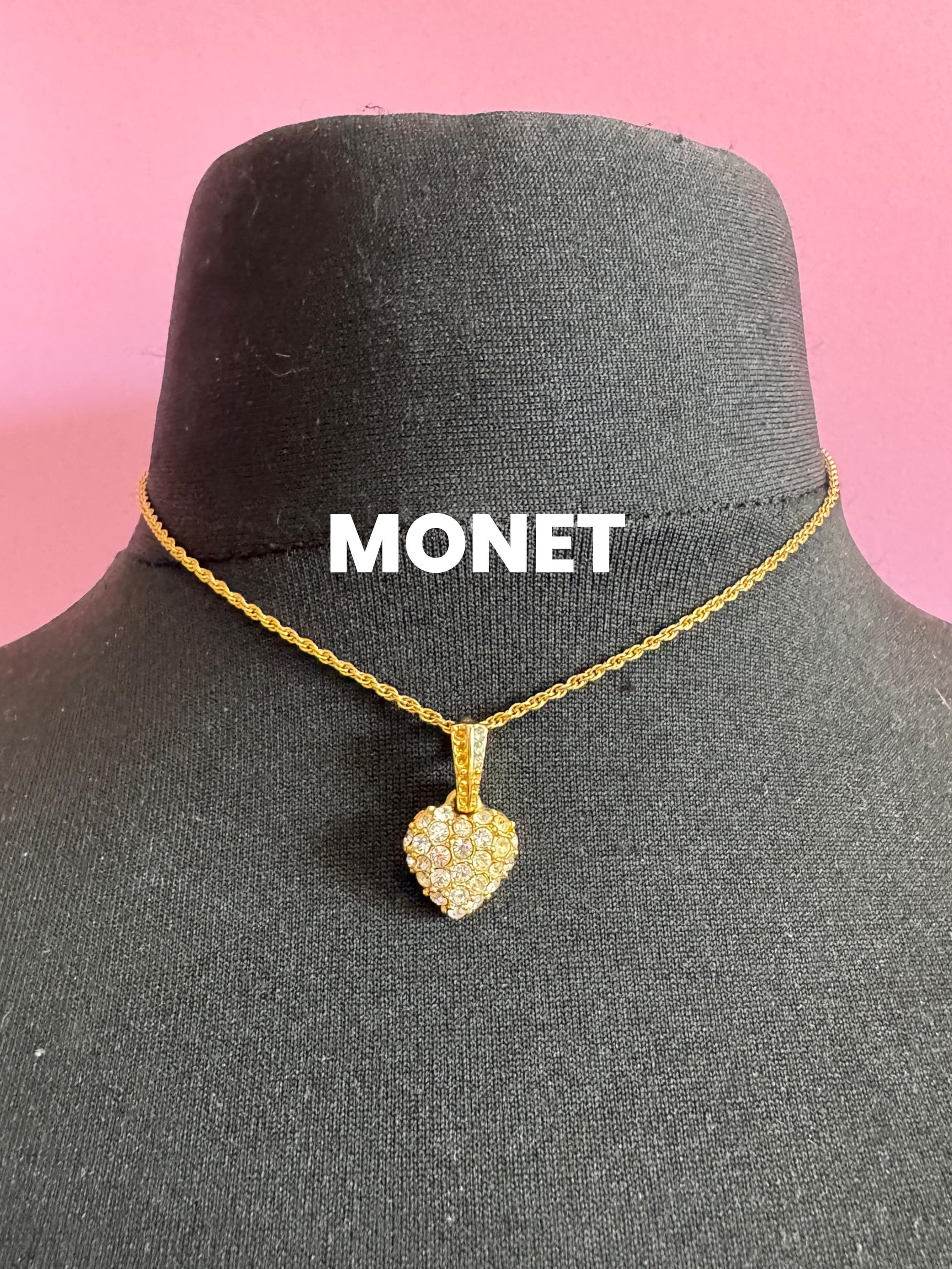 signed MONET dainty 48cm gold plated fine rope chain love heart pendant necklace set with clear crystals