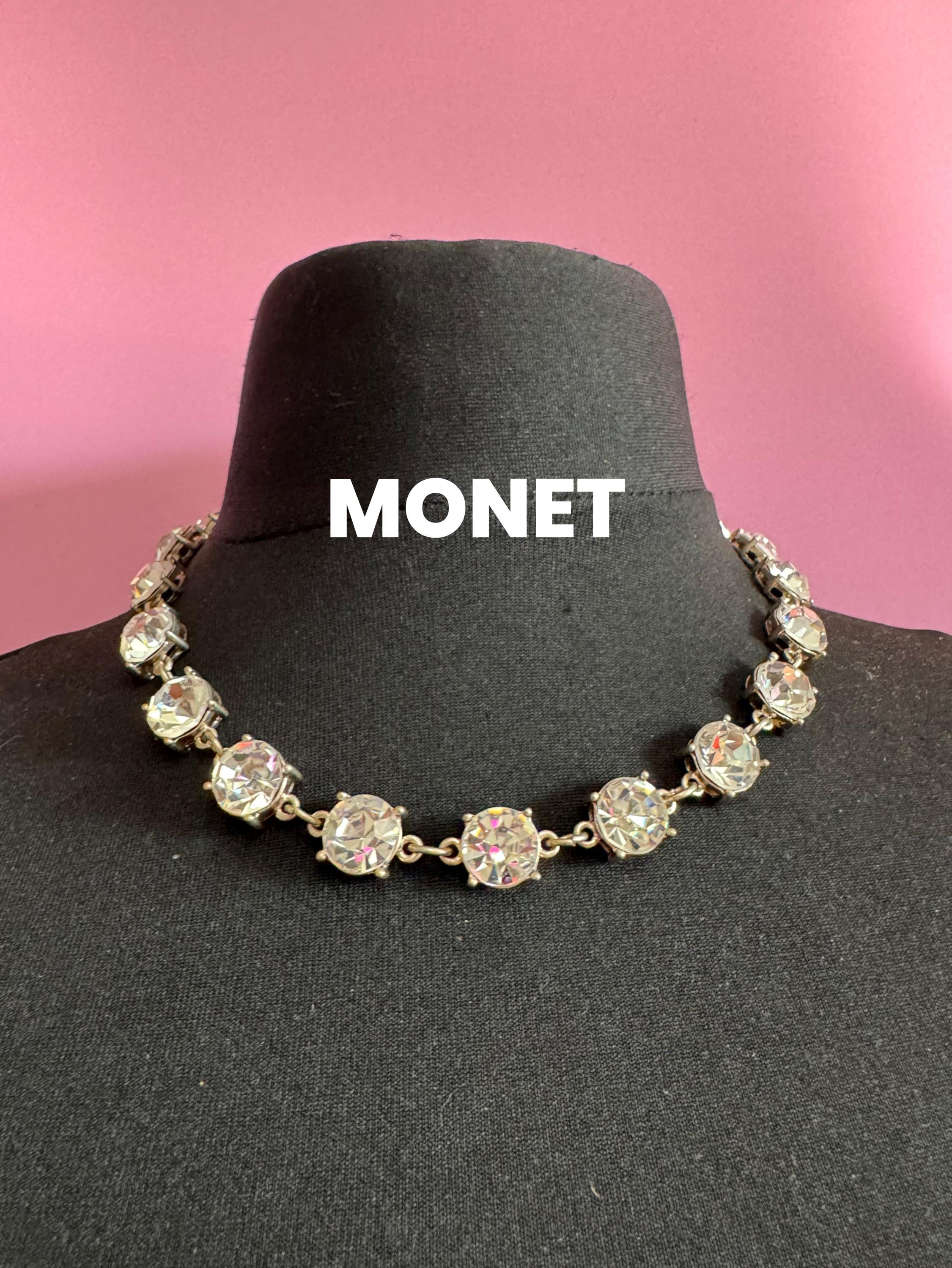 Vintage Signed MONET clear glass super sparkly 13mm bezel diamanté Crystal collar necklace , silver plated