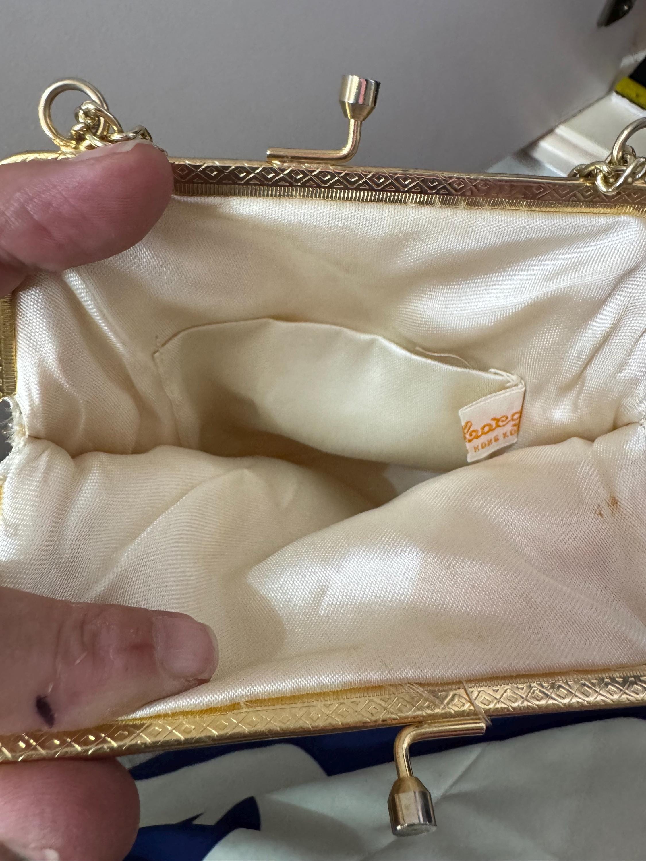 Vintage 1960s Gold and cream satin  seed beaded Evening Bag Hong Kong cosmetic Purse