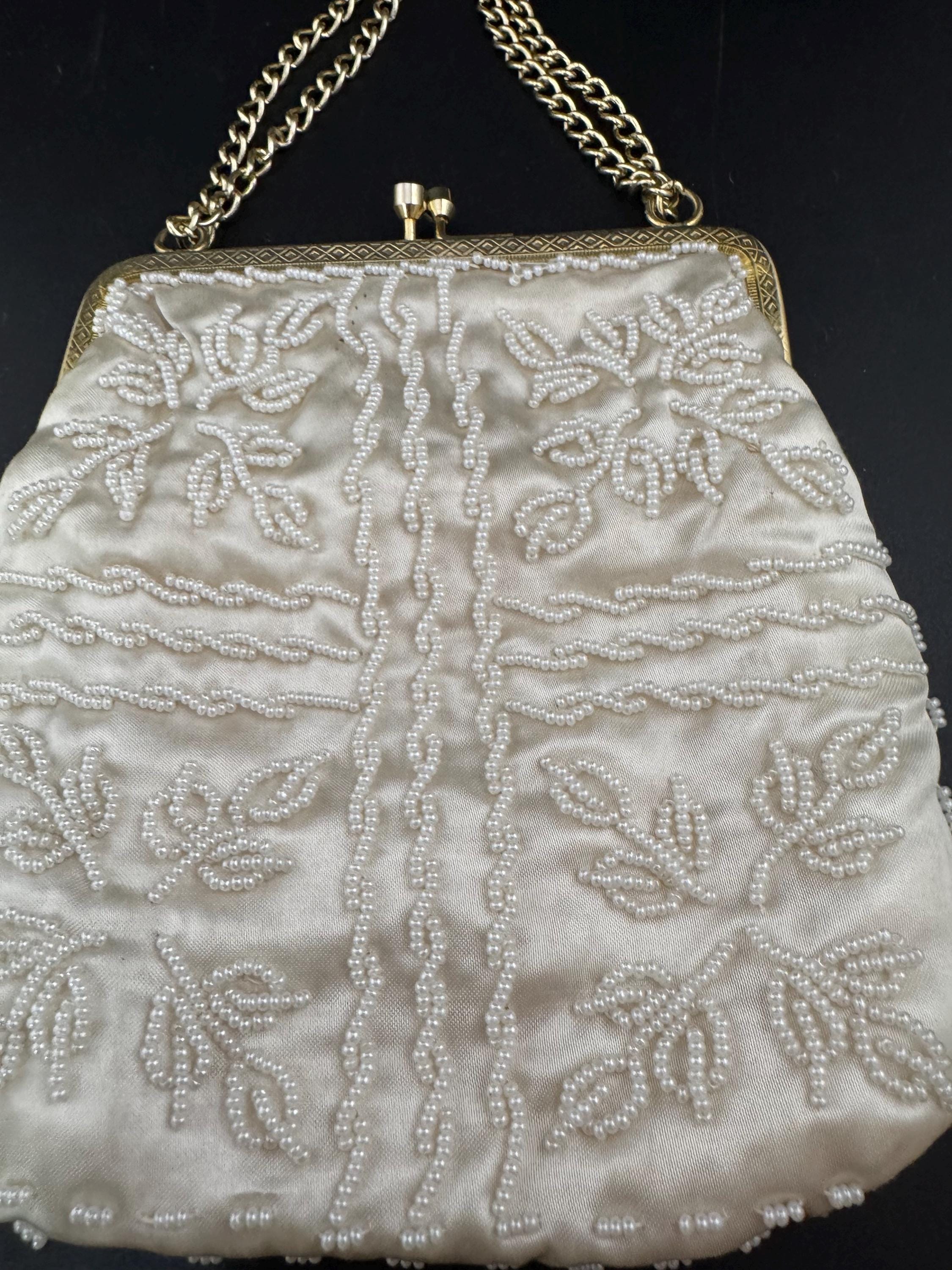 Vintage 1960s Gold and cream satin  seed beaded Evening Bag Hong Kong cosmetic Purse