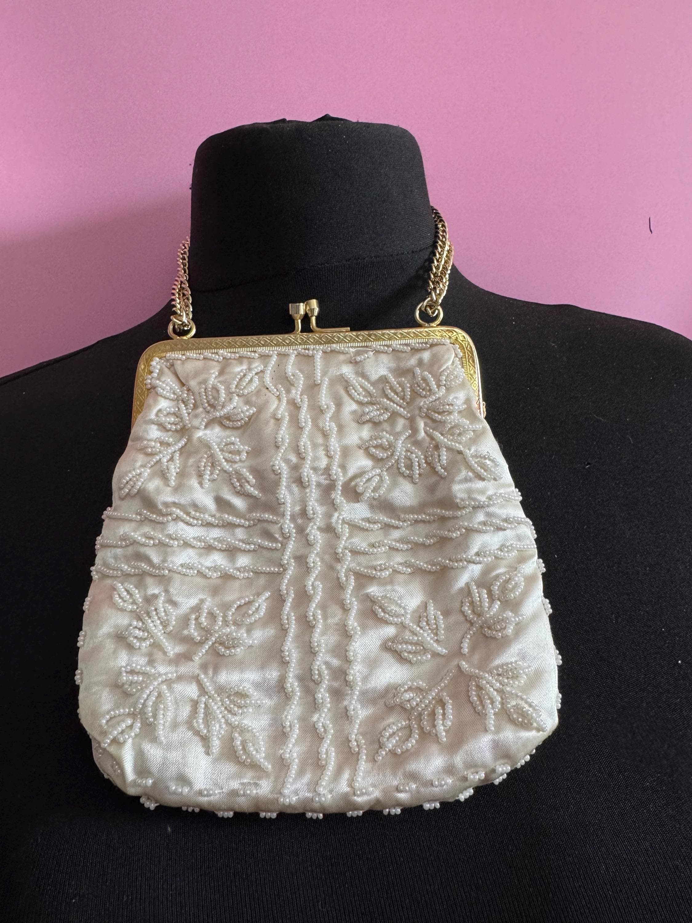 Vintage 1960s Gold and cream satin  seed beaded Evening Bag Hong Kong cosmetic Purse
