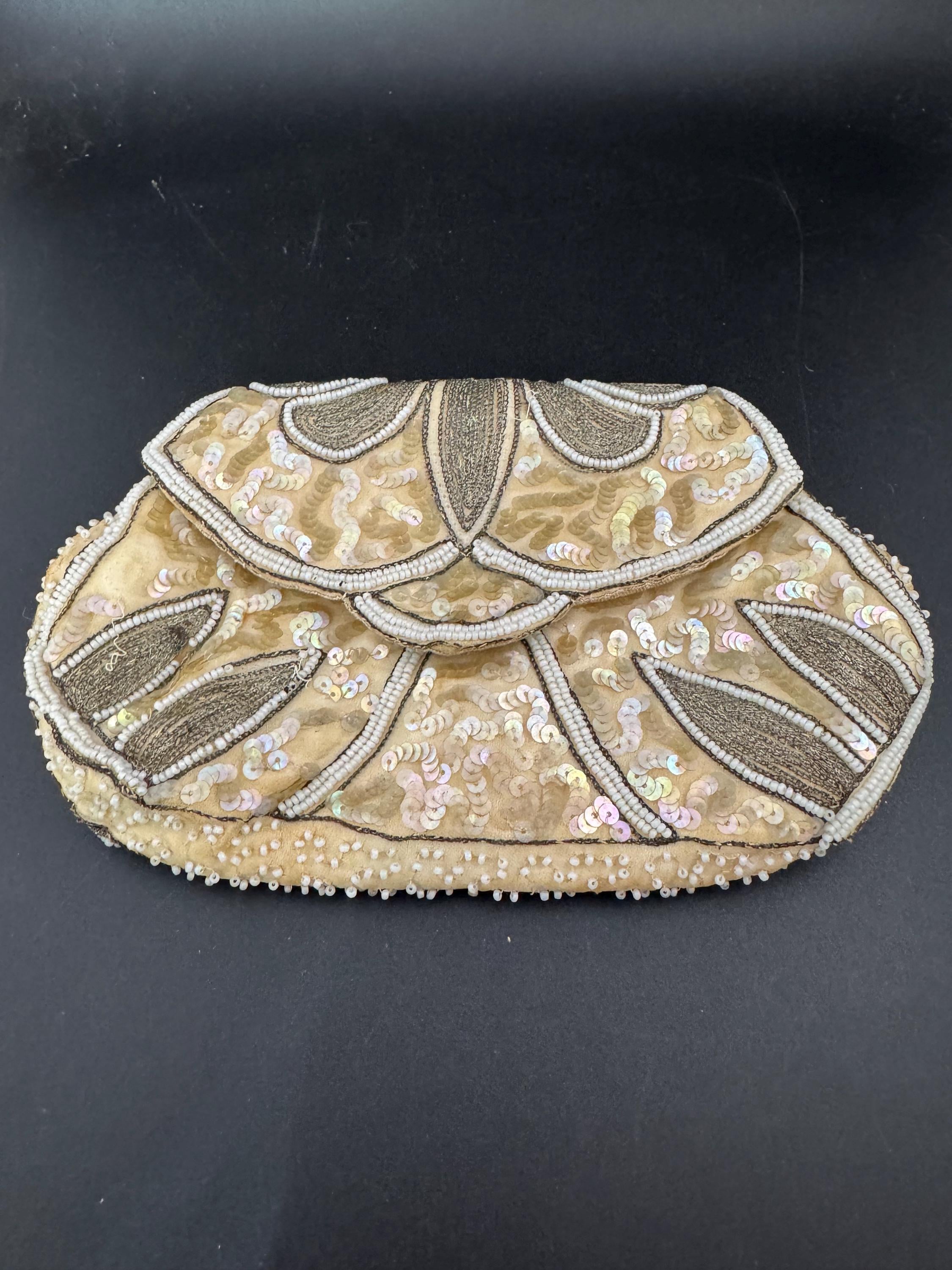 Vintage cream brown white micro beaded evening purse belgian, hinged
