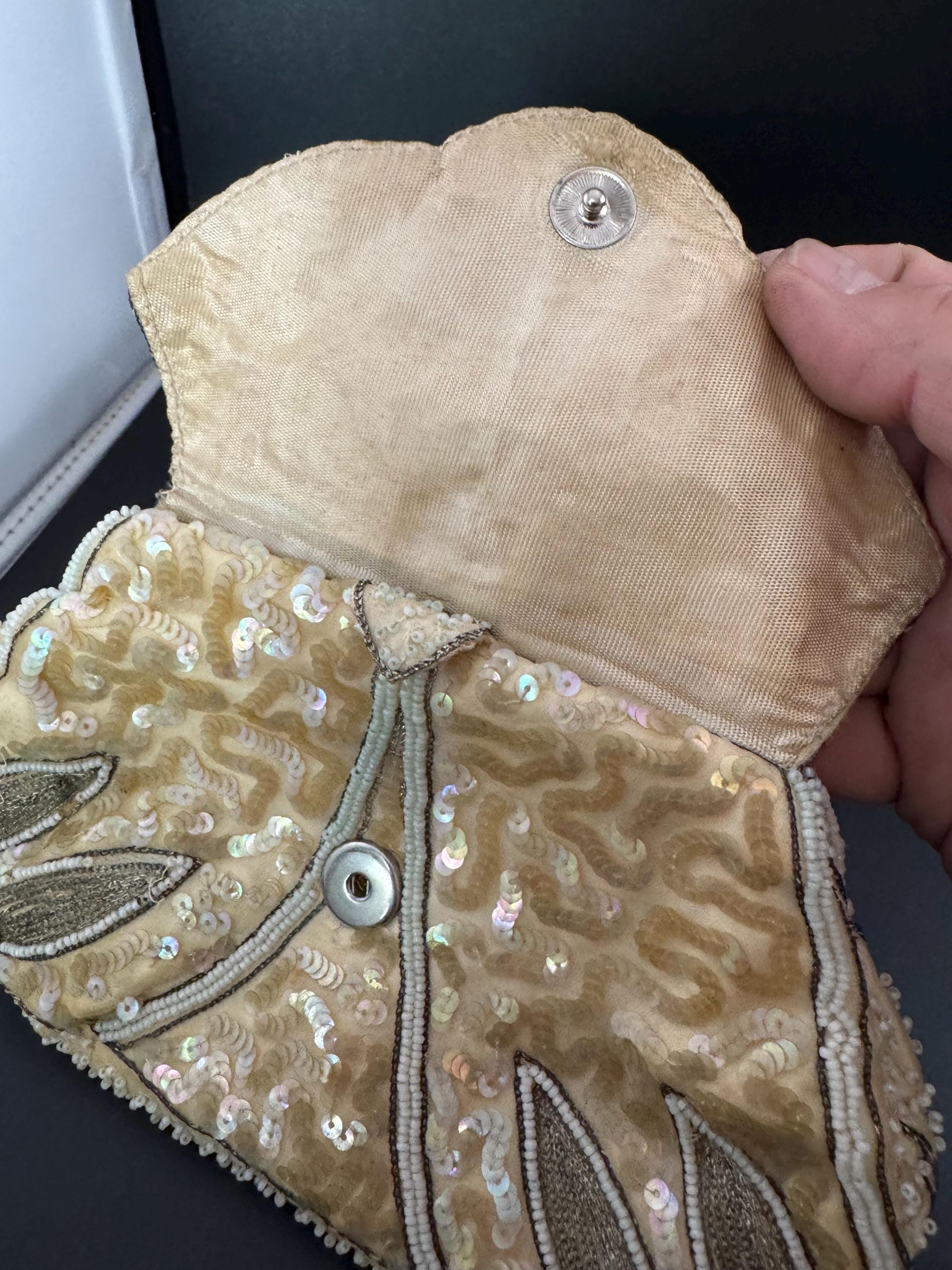 Vintage cream brown white micro beaded evening purse belgian, hinged