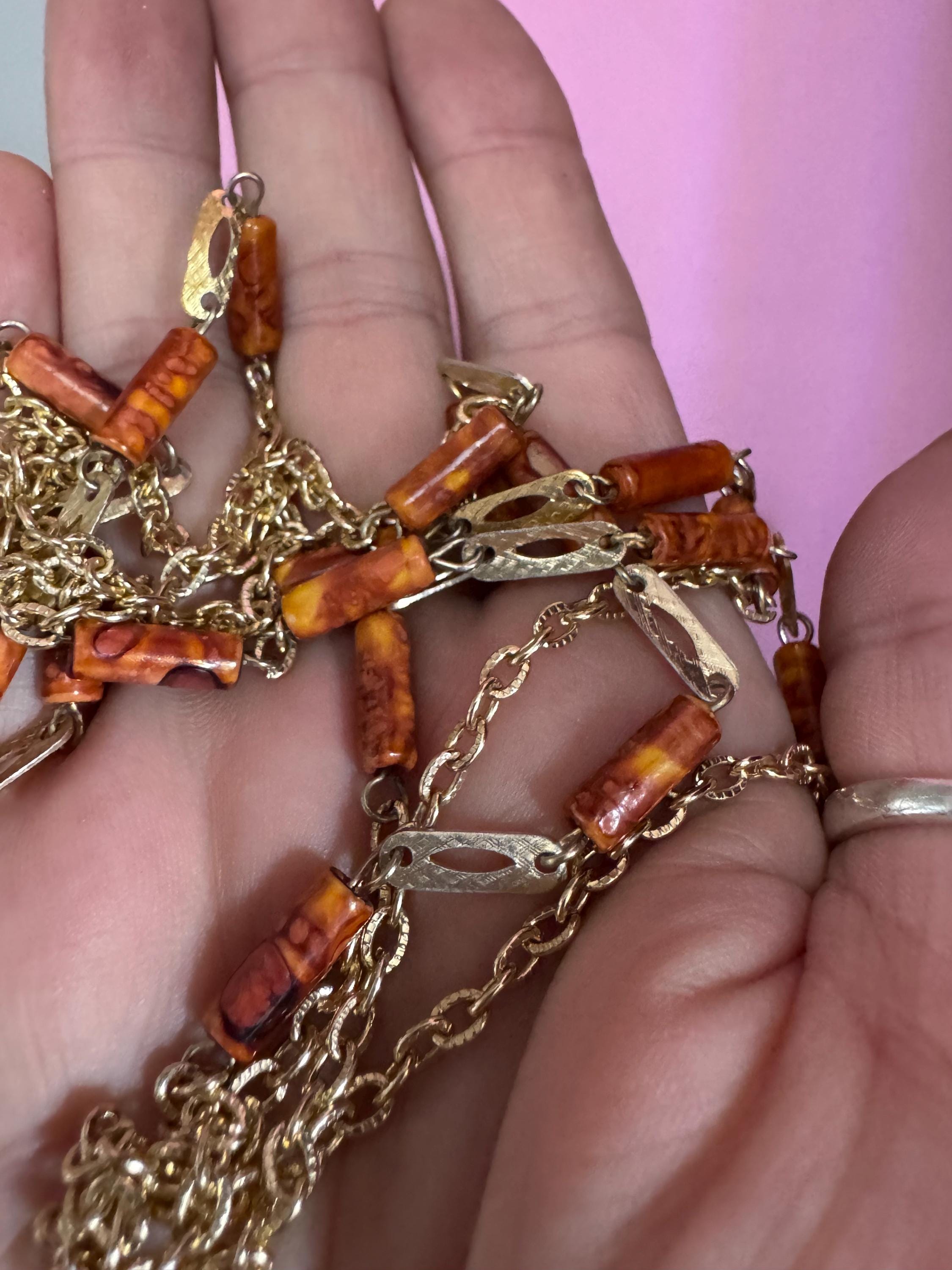 108cm very long gold tone orange brown beige plastic tube beaded station necklace 1960s Eloxal lightweight