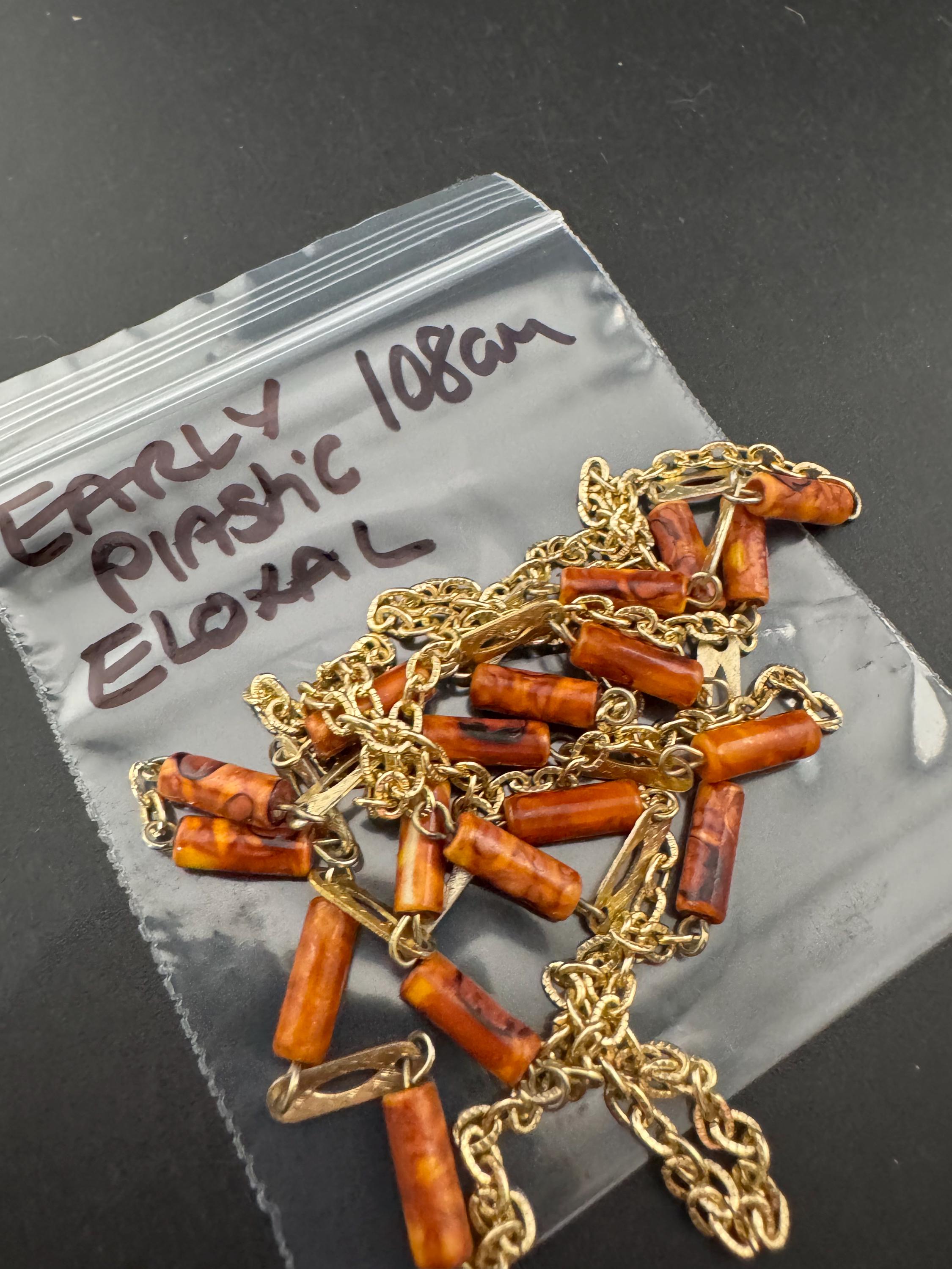 108cm very long gold tone orange brown beige plastic tube beaded station necklace 1960s Eloxal lightweight