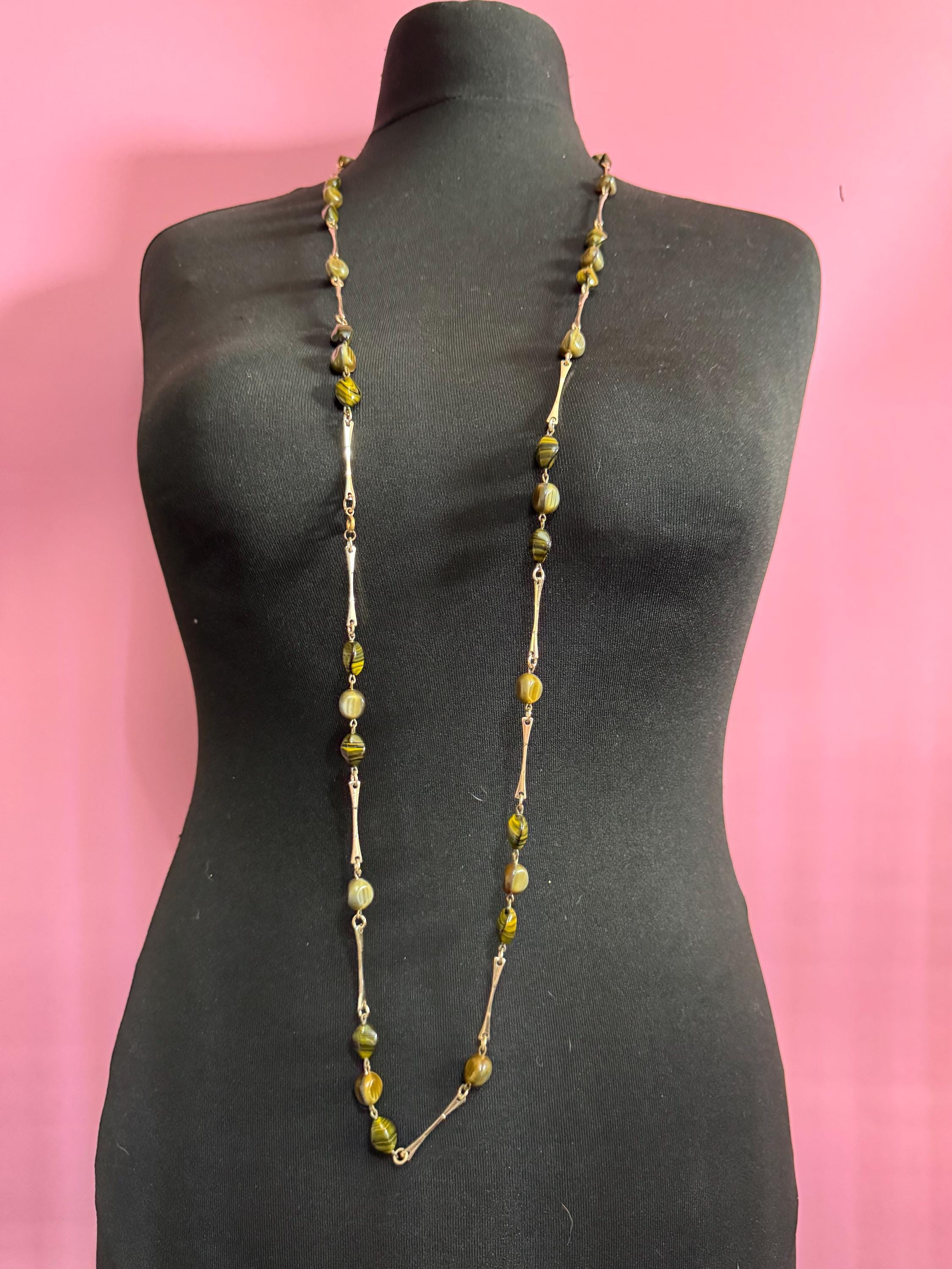 Vintage beaded station Necklace with brown gemstone agate beads 130cm flapper length chain, 1970s gold Tone
