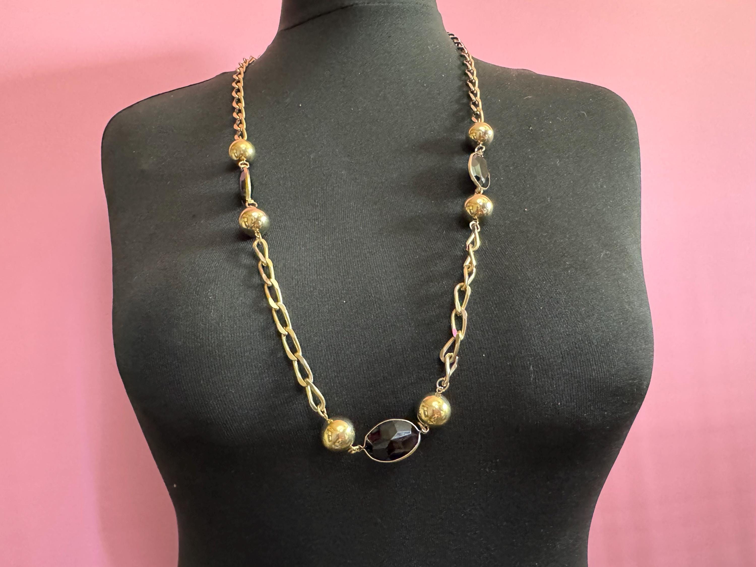 vintage 88cm long gold tone  big ball chain link black beaded station necklace