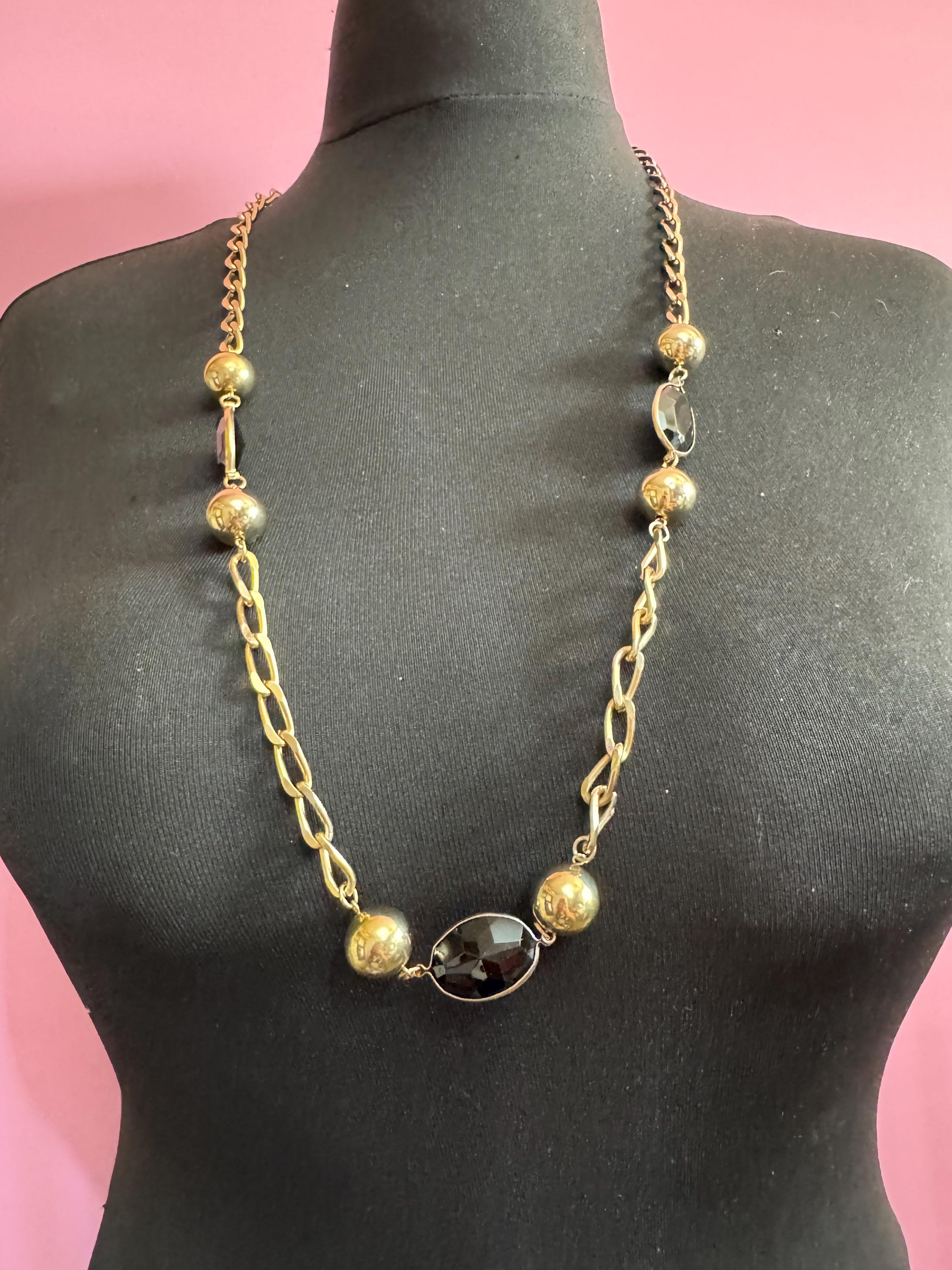 vintage 88cm long gold tone  big ball chain link black beaded station necklace