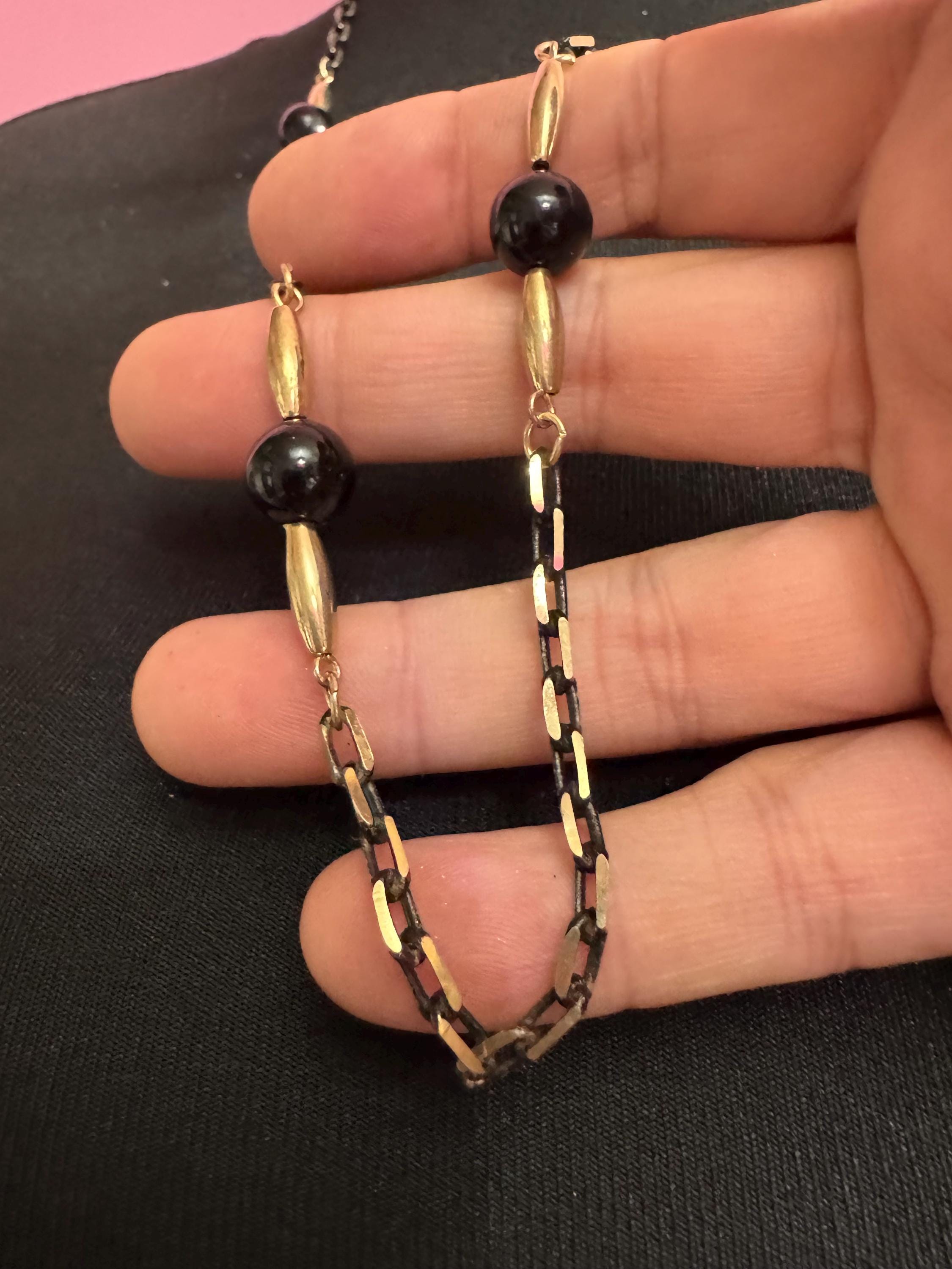 vintage blackened long gold tone  black glass ball beaded chain link station necklace 75cm