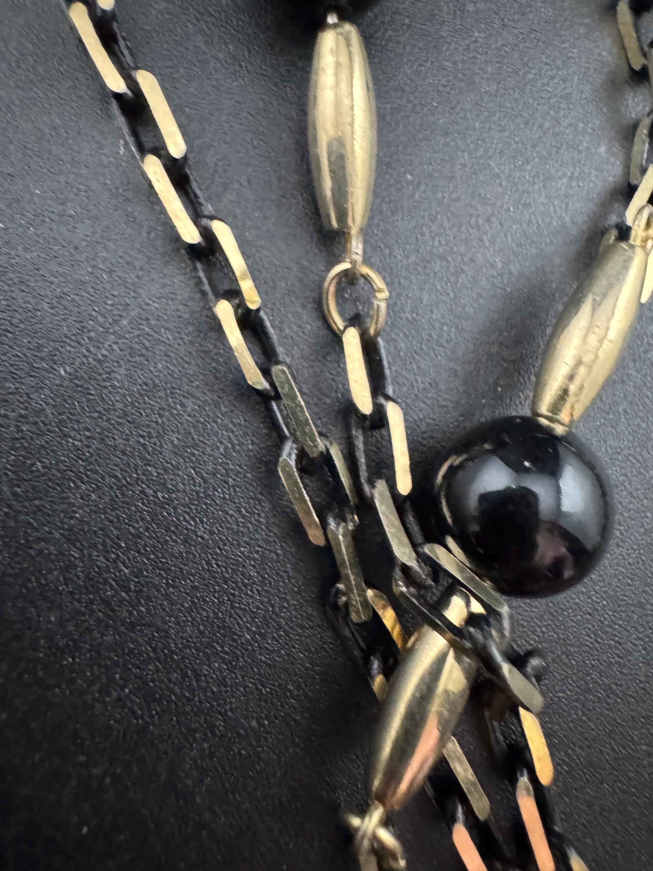 vintage blackened long gold tone  black glass ball beaded chain link station necklace 75cm