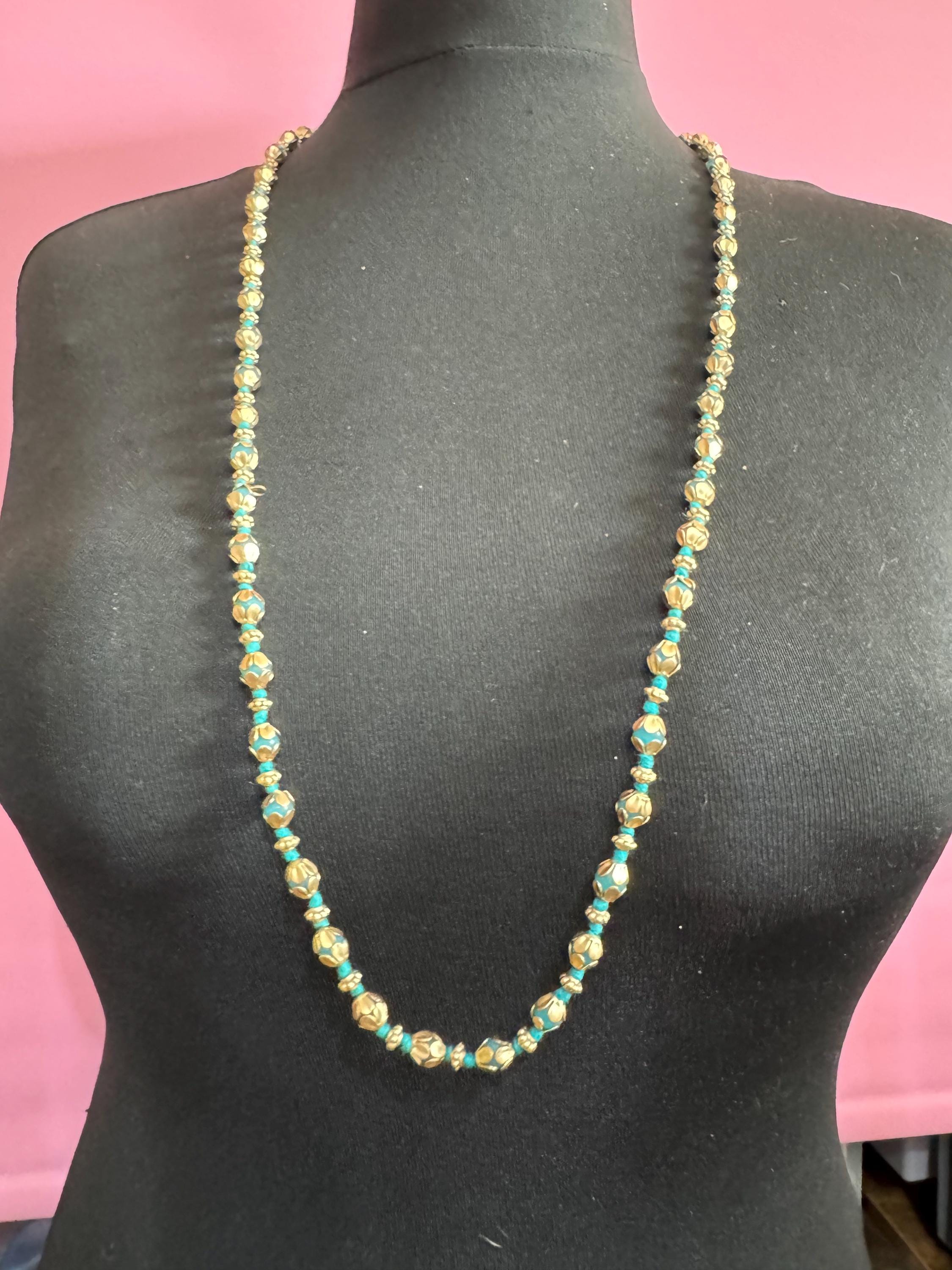 Vintage old turquoise glass beaded matt gold tone long bead necklace blue