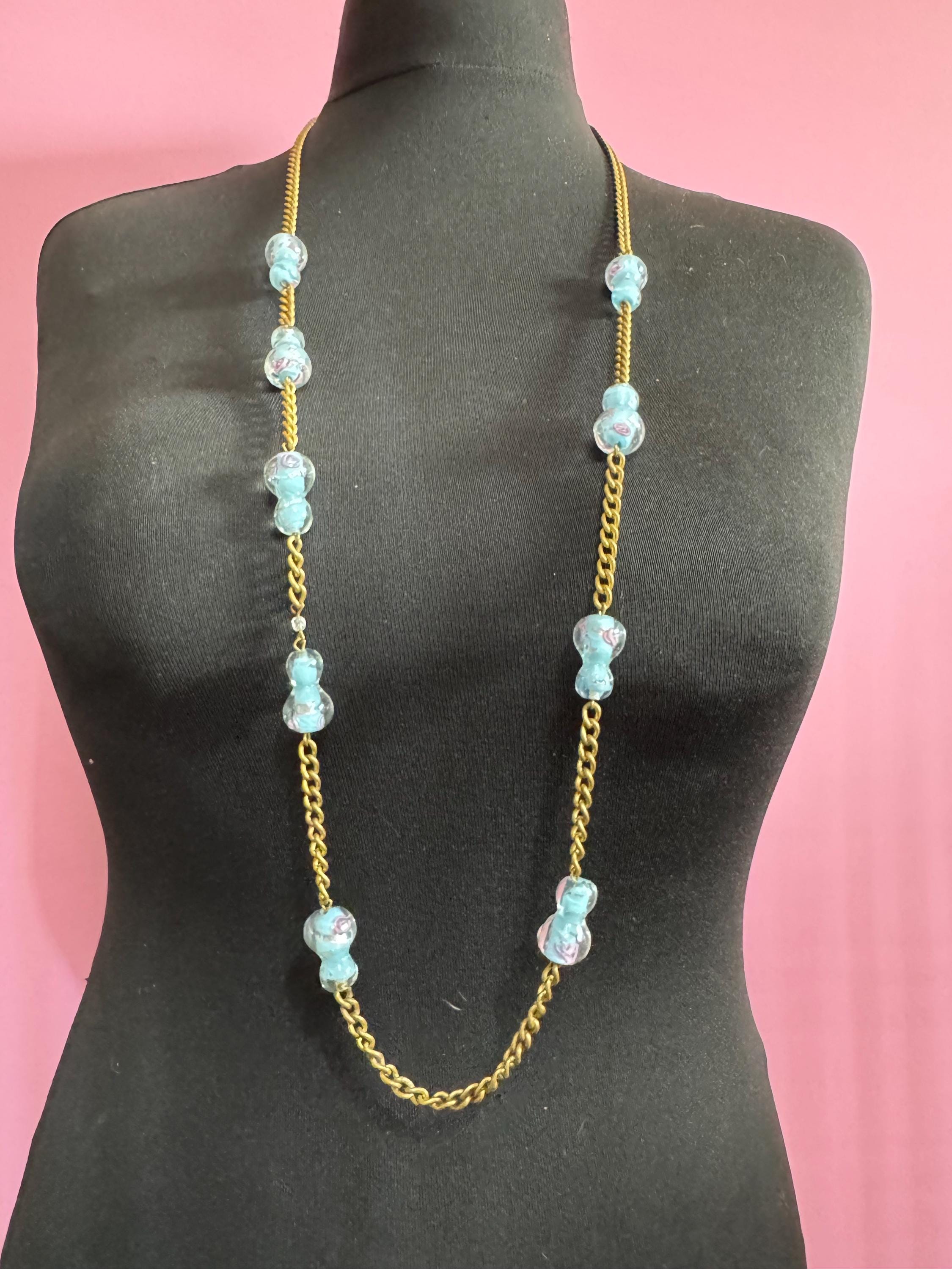 Vintage old turquoise end of day pink roses cased glass beaded brass gold tone long bead necklace, 112cm blue