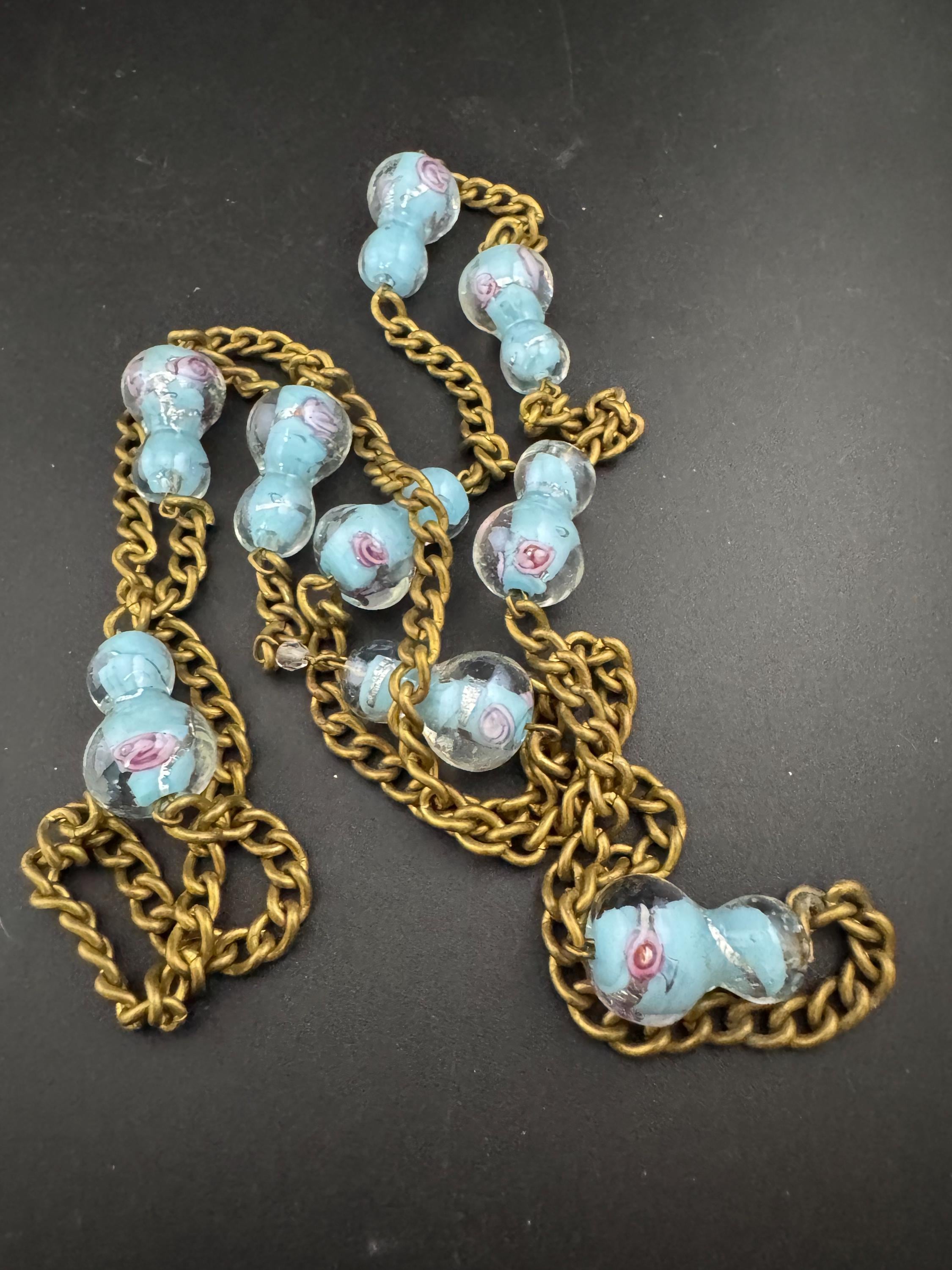 Vintage old turquoise end of day pink roses cased glass beaded brass gold tone long bead necklace, 112cm blue
