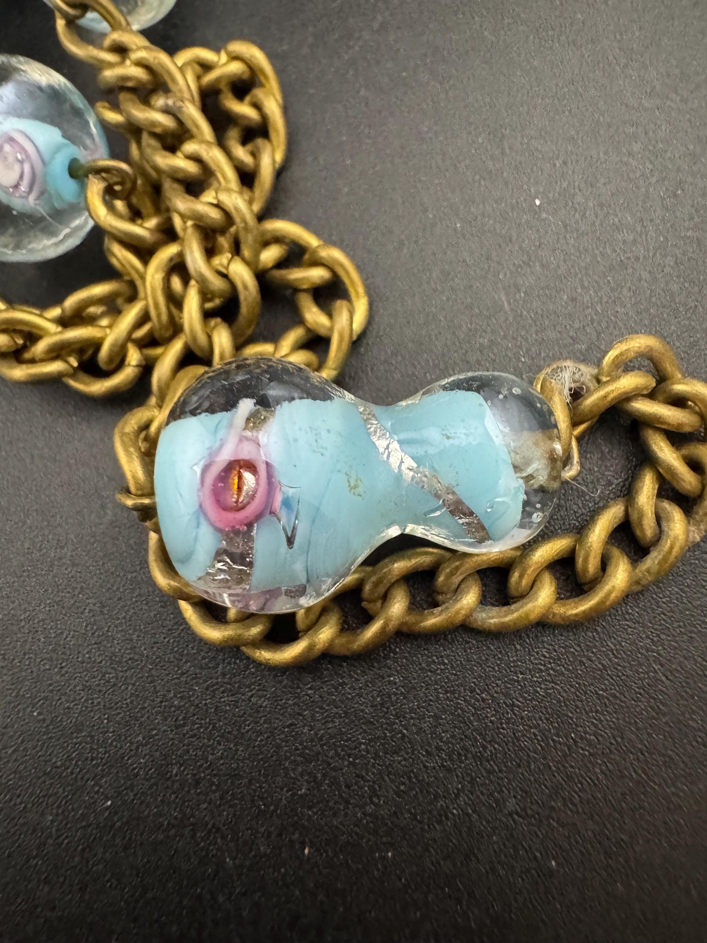 Vintage old turquoise end of day pink roses cased glass beaded brass gold tone long bead necklace, 112cm blue